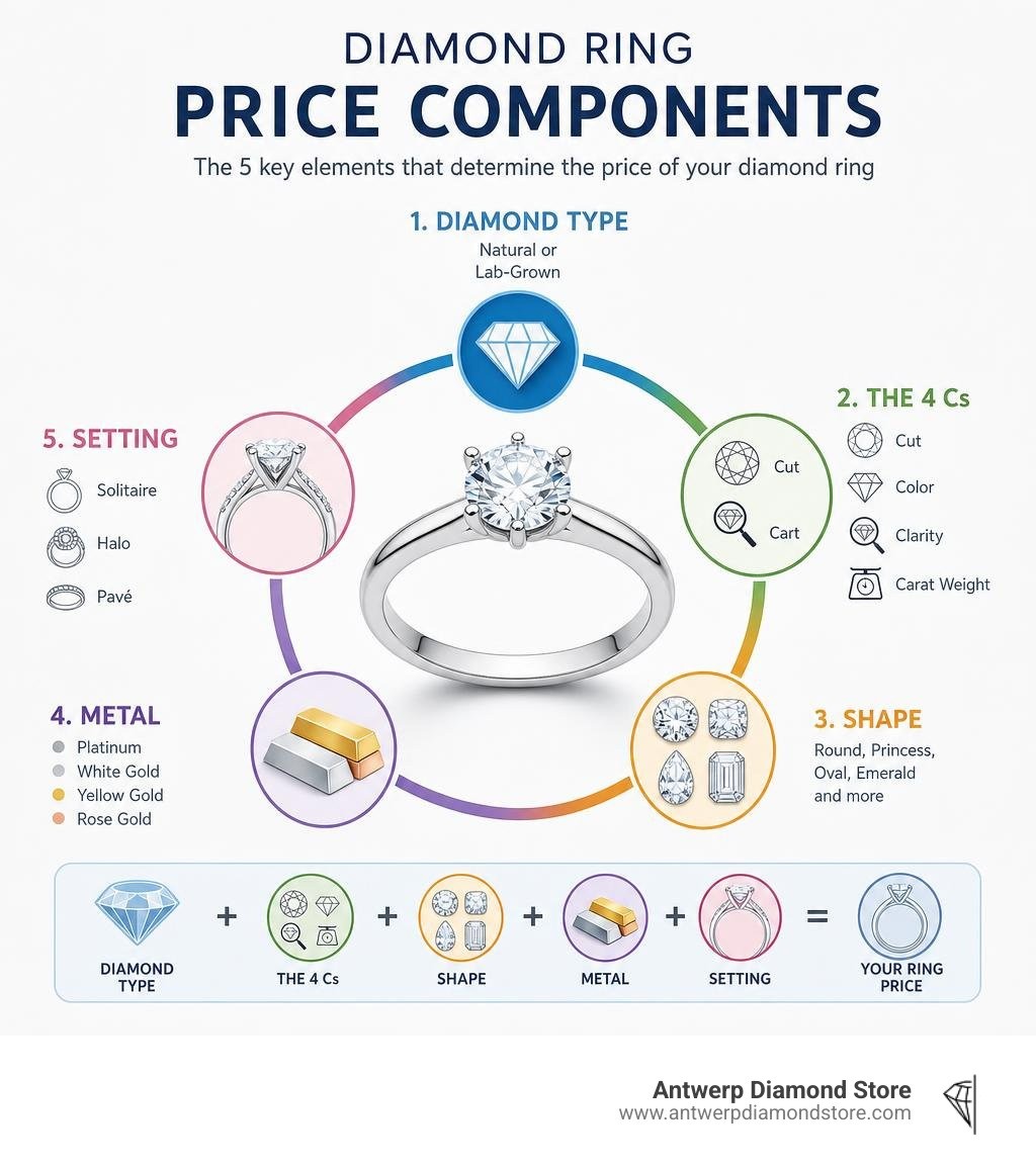 Diamond ring price components: diamond type, 4 Cs, shape, metal, and setting infographic