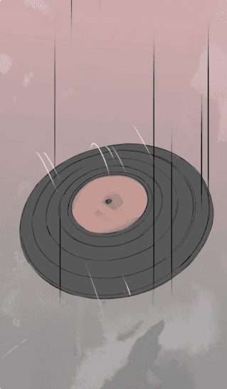 pink-toned storyboard panels show a vinyl record being sliced and falling onto a turntable