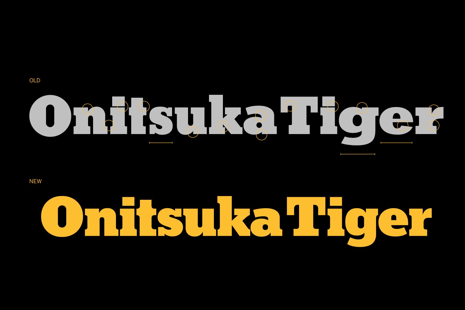 Text graphic featuring "Onitsuka Tiger" in white and yellow on a black background.
