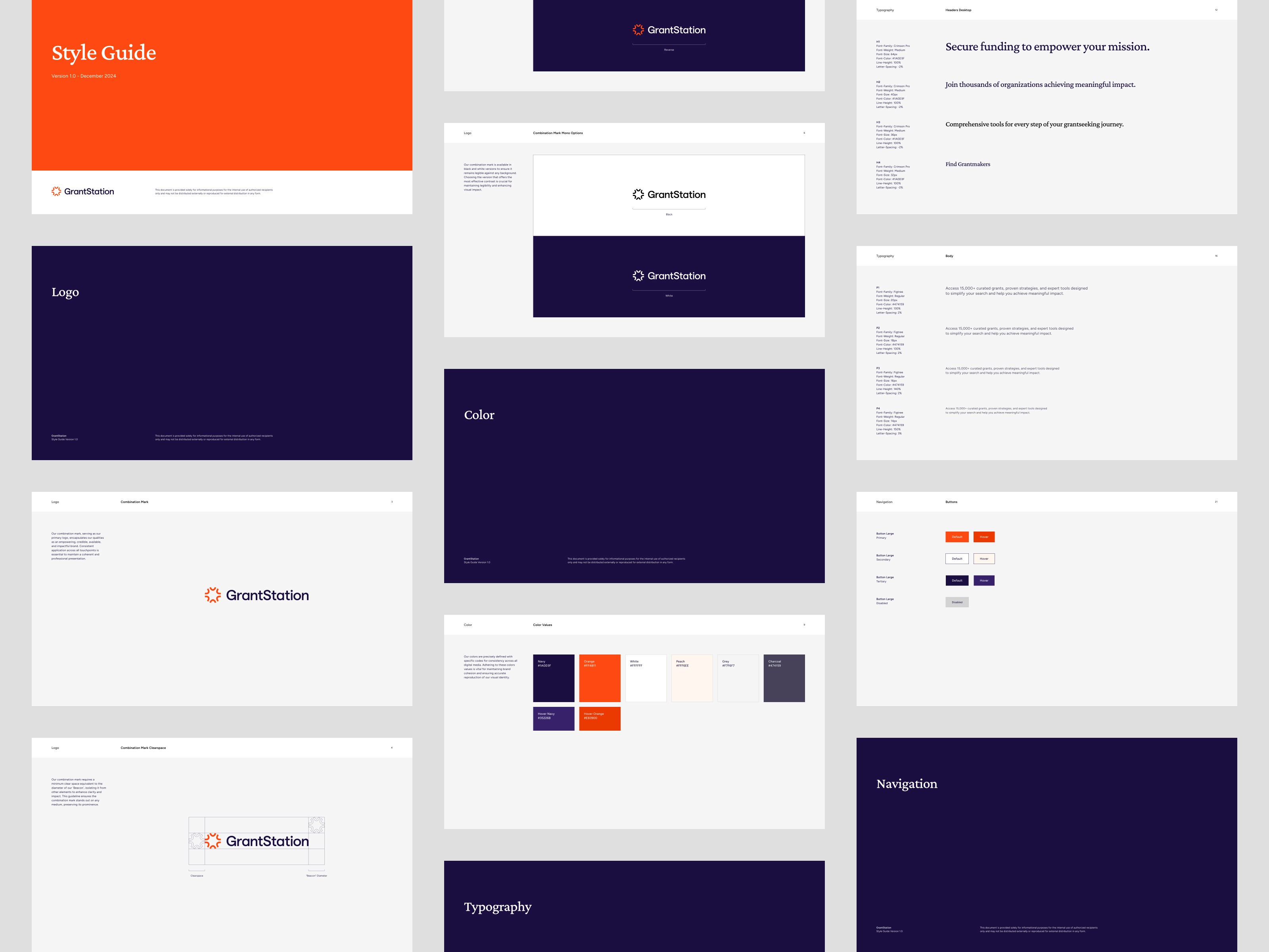 GrantStation style guide showing logo, color palette, and interface components in orange, navy, and neutral tones.