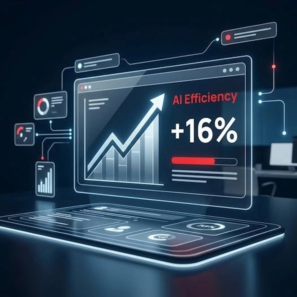 AI dashboard displaying rising performance chart with “AI Efficiency +16%” and analytics interface.