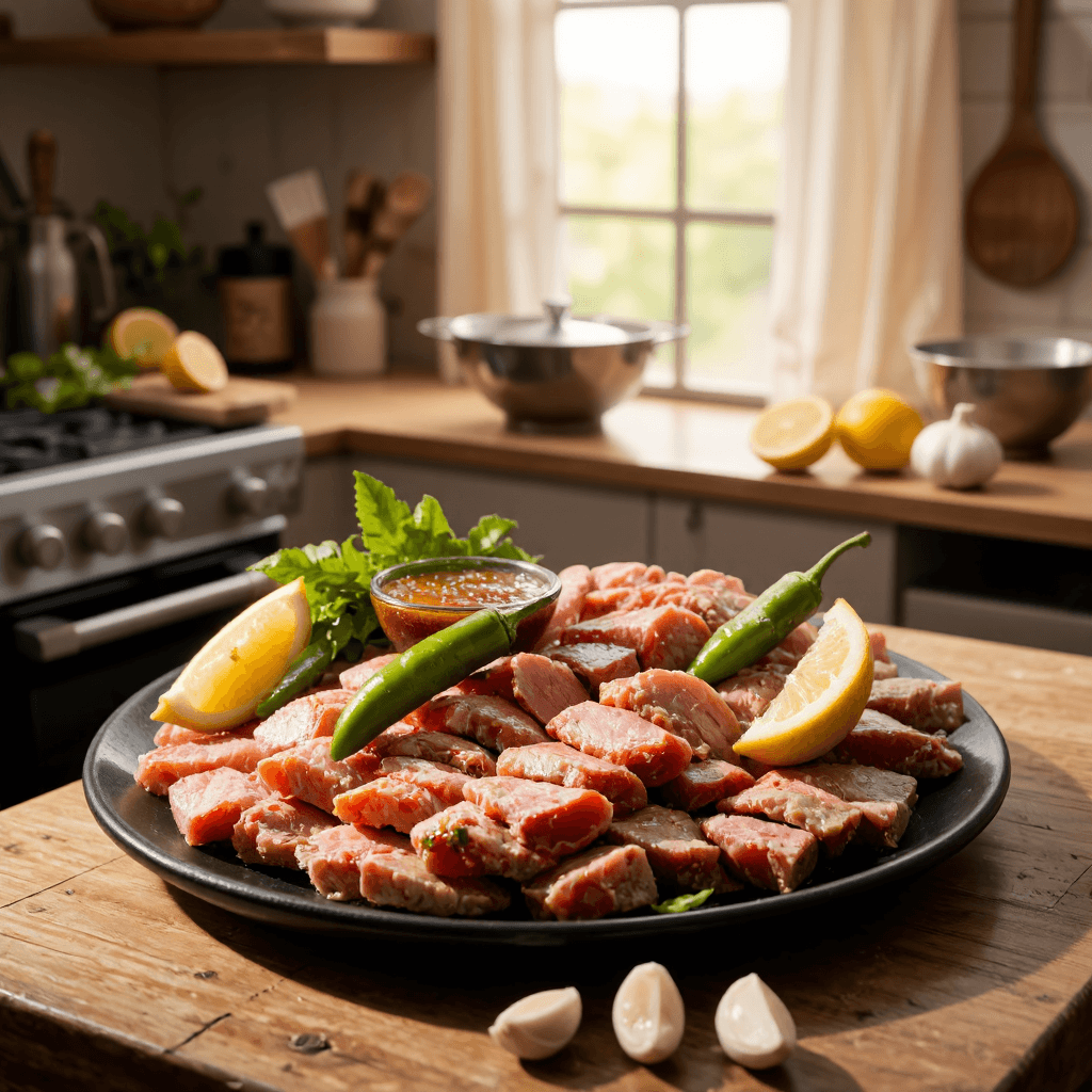 product photography of a platter of sliced meat and side dishes