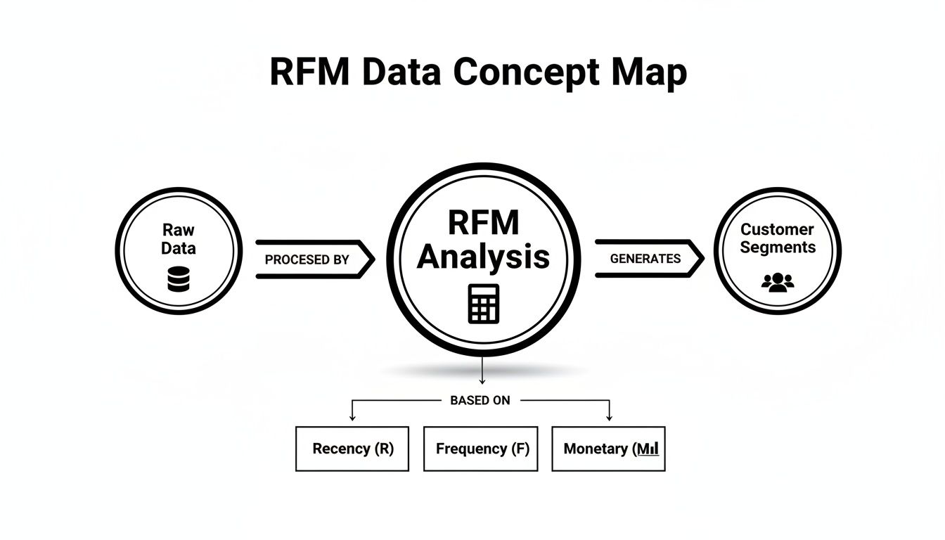 An RFM Data Concept Map illustrating how raw data is processed into customer segments.