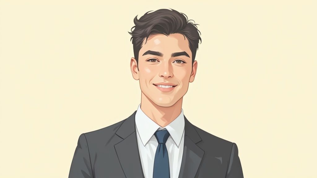 Ein selbstbewusster Mann in professioneller Kleidung posiert für ein Bewerbungsfoto