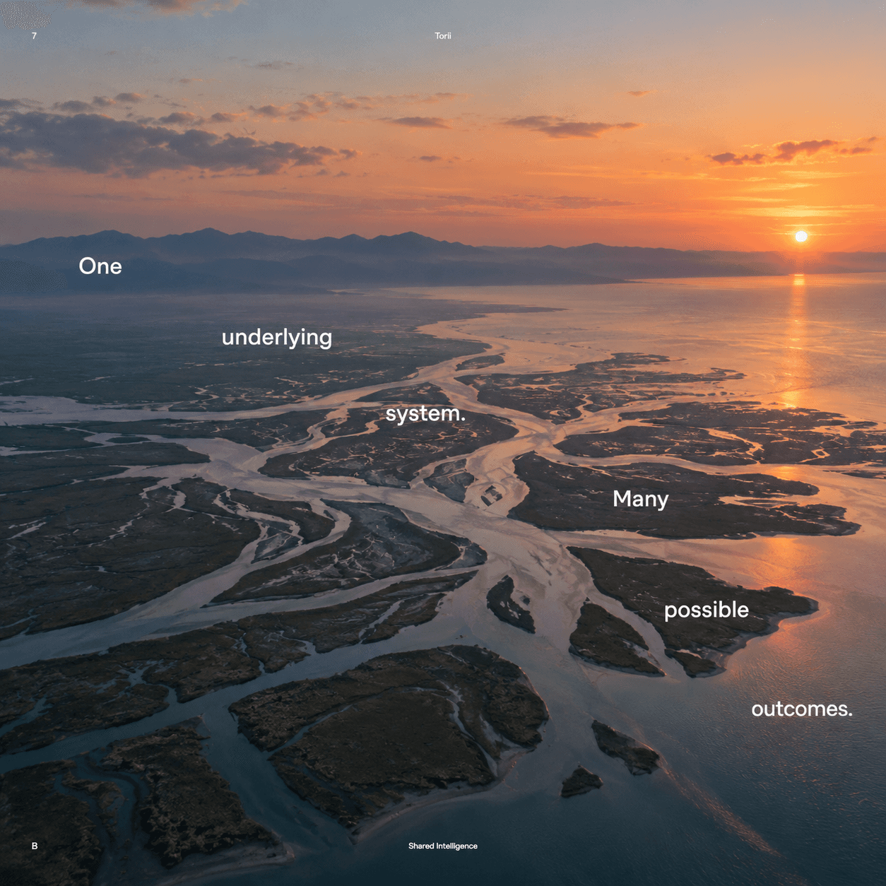 Aerial view of a river delta branching into many channels at sunset, captioned One underlying system, many possible outcomes