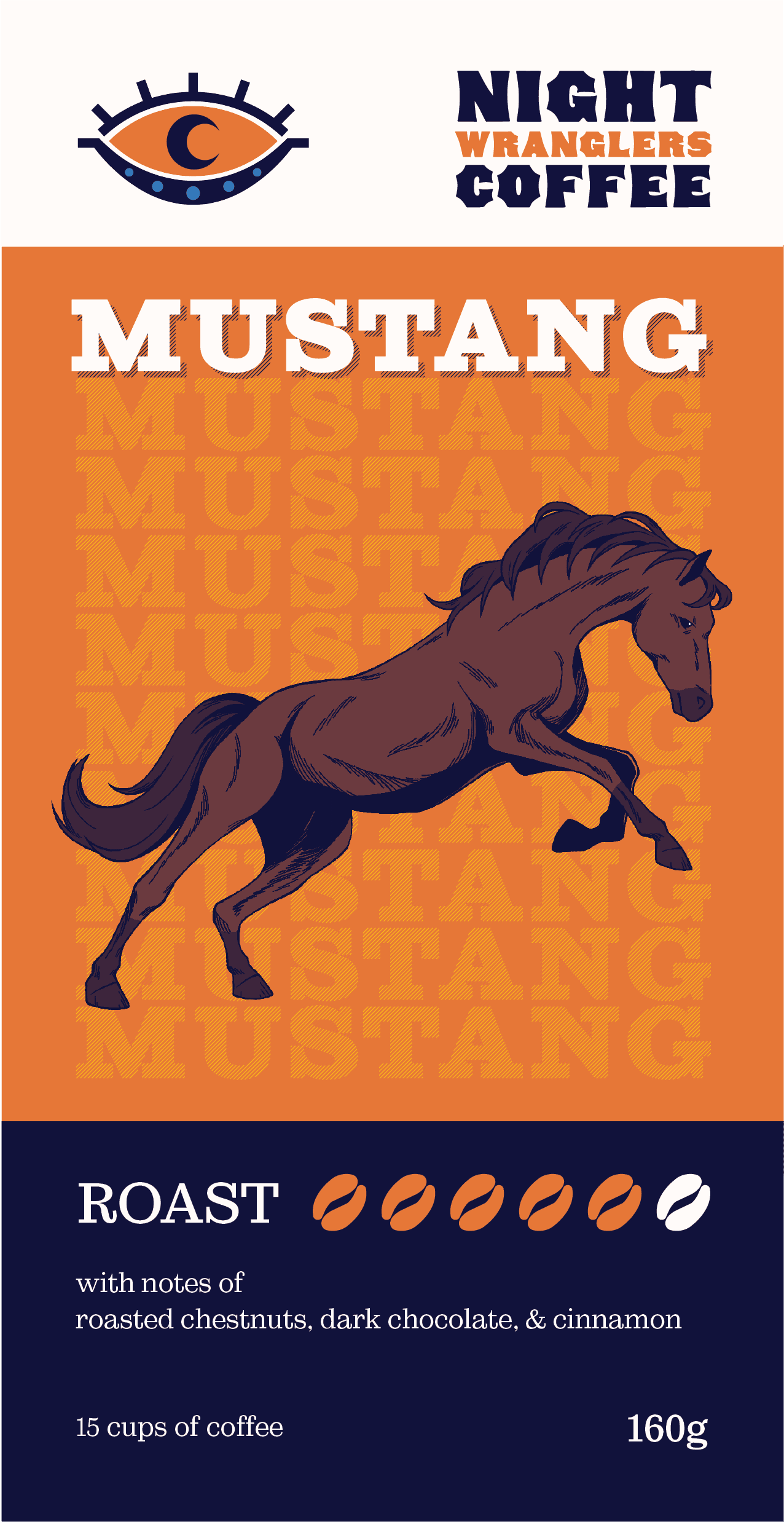 Mustang coffee label with a dark brown coloured illustrated horse