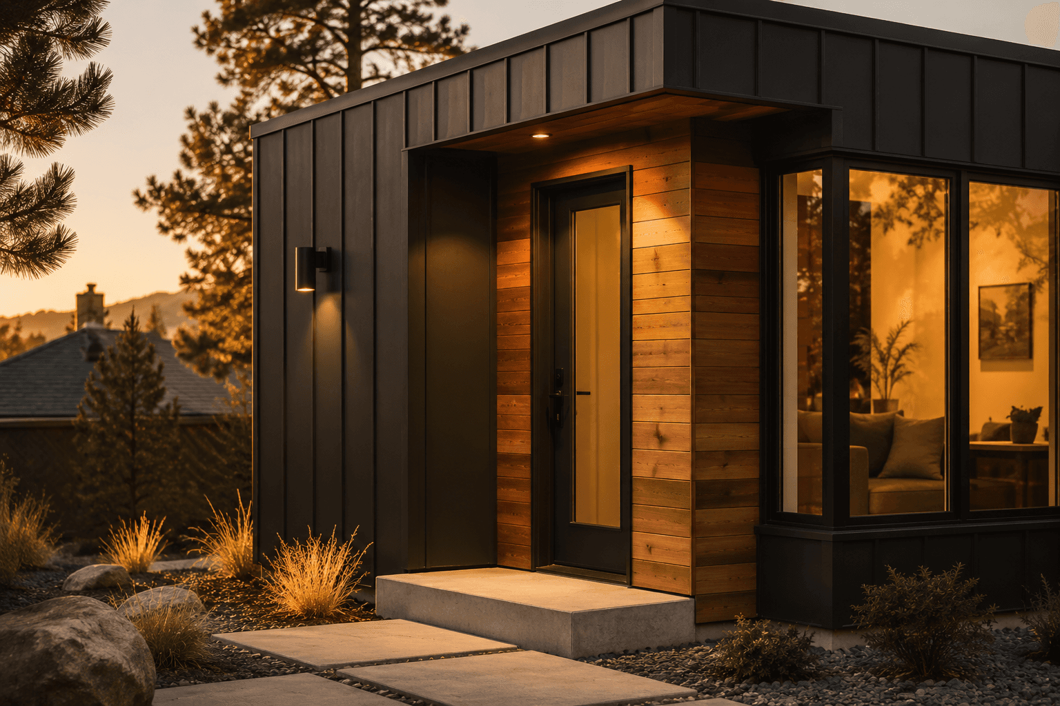 Close-up of a modern backyard studio entry with black metal cladding, warm wood siding, and soft exterior lighting.