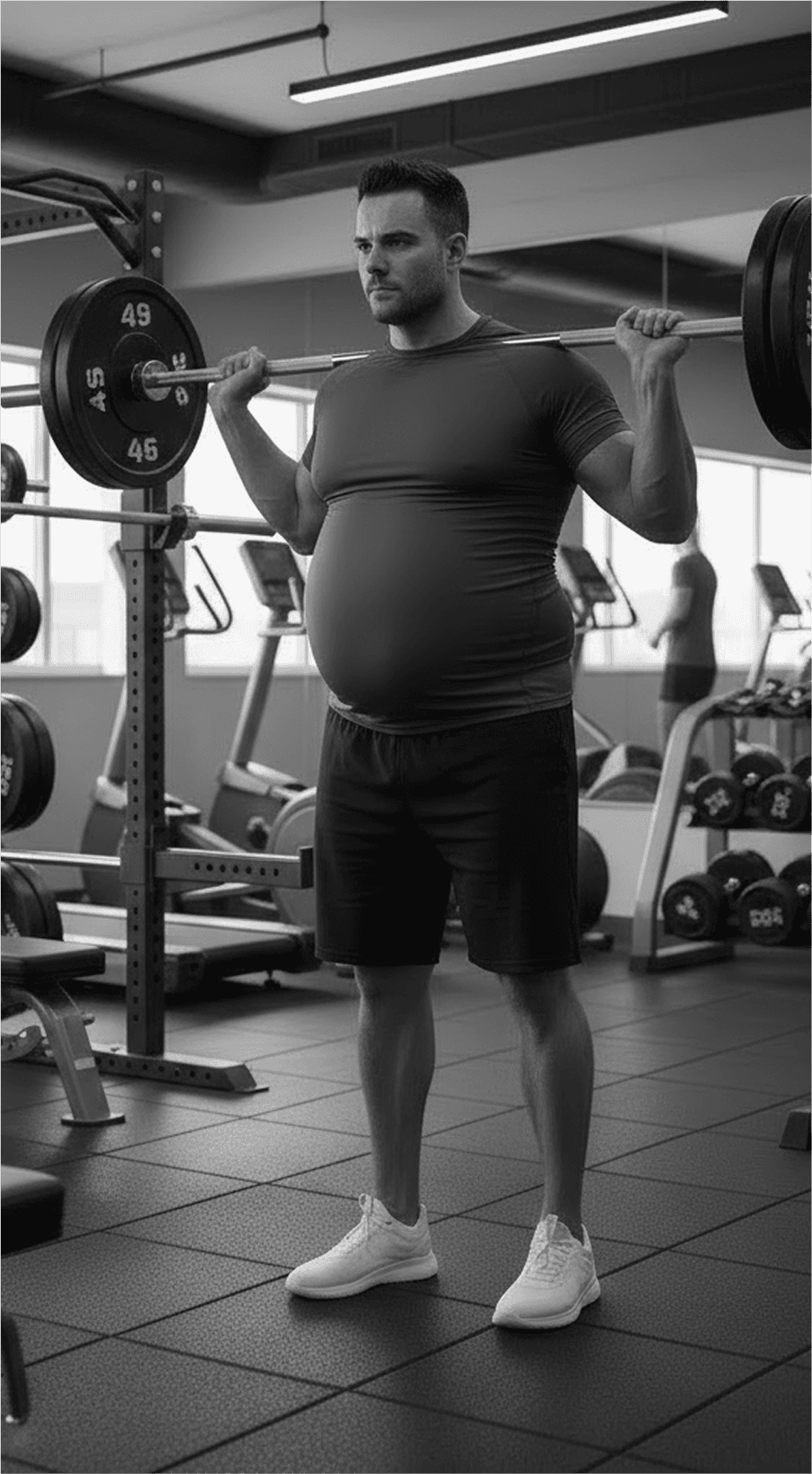 Man lifting a barbell in the gym before starting his fitness program, showing higher body fat and less muscle tone.