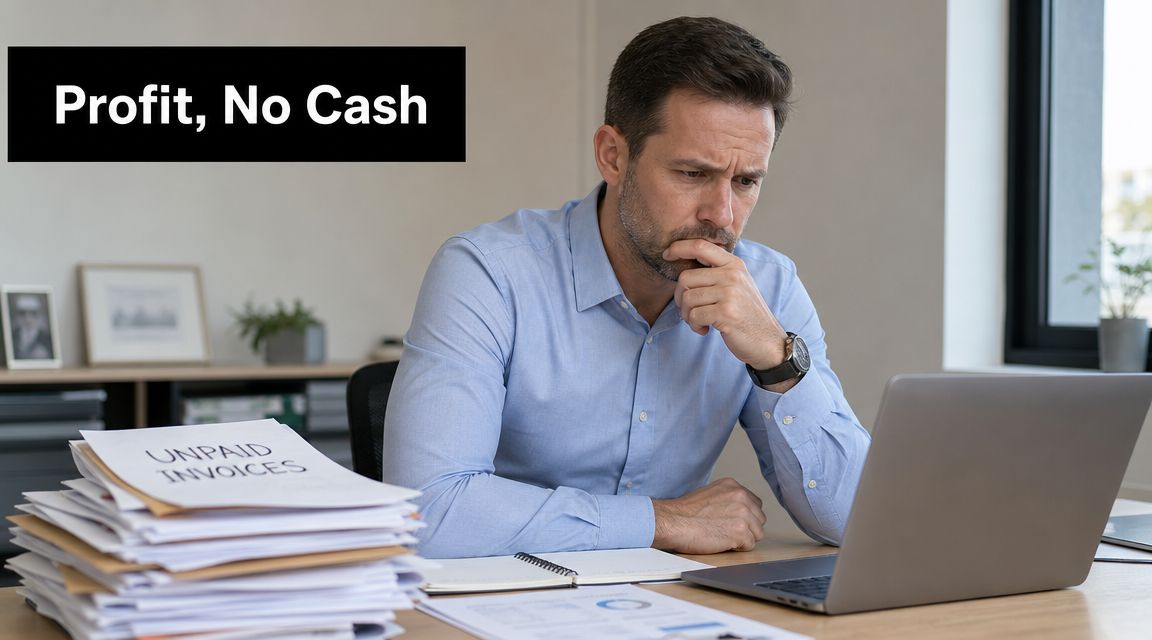 A concerned businessman looking at his laptop screen next to a large pile of unpaid invoices.