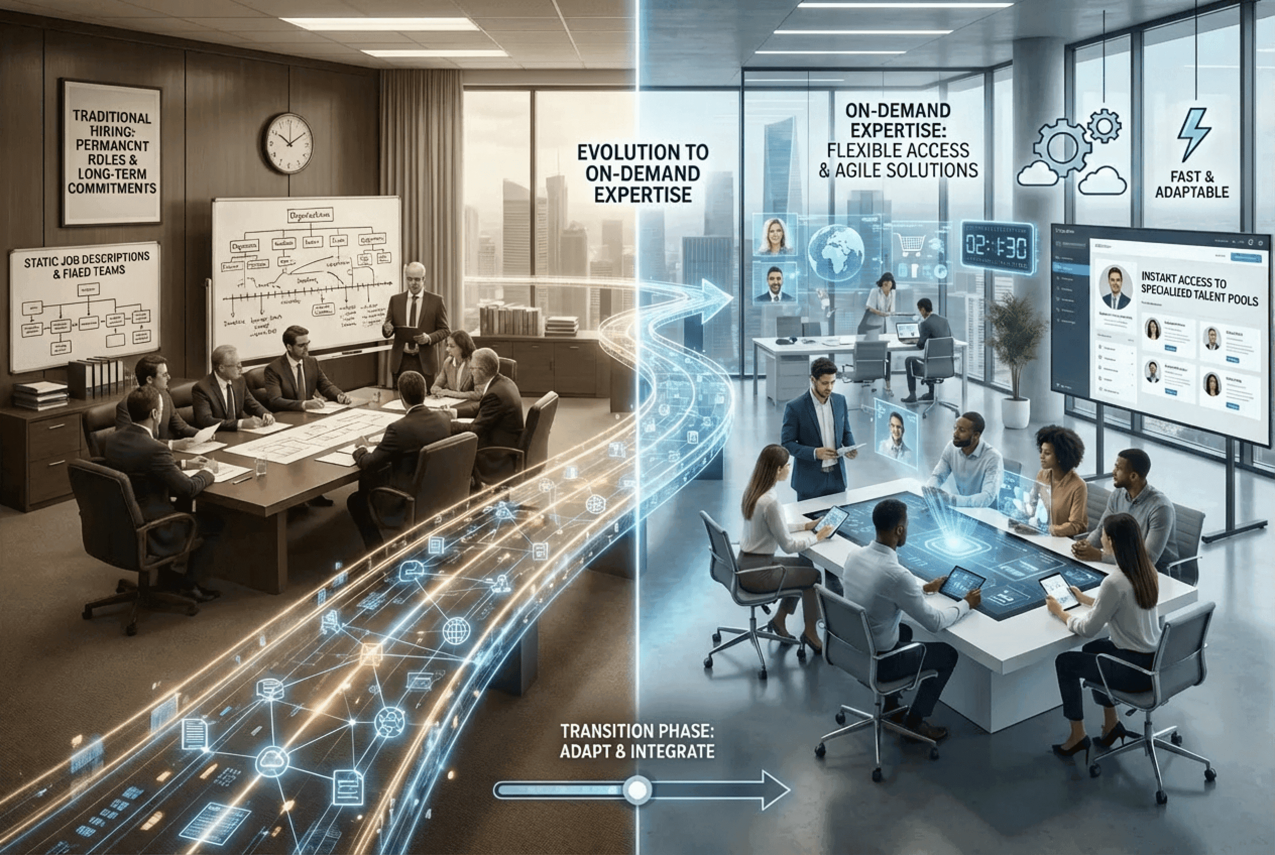 Image comparing traditional hiring with permanent roles and long-term commitments to the evolution of on-demand expertise with flexible access and agile solutions.