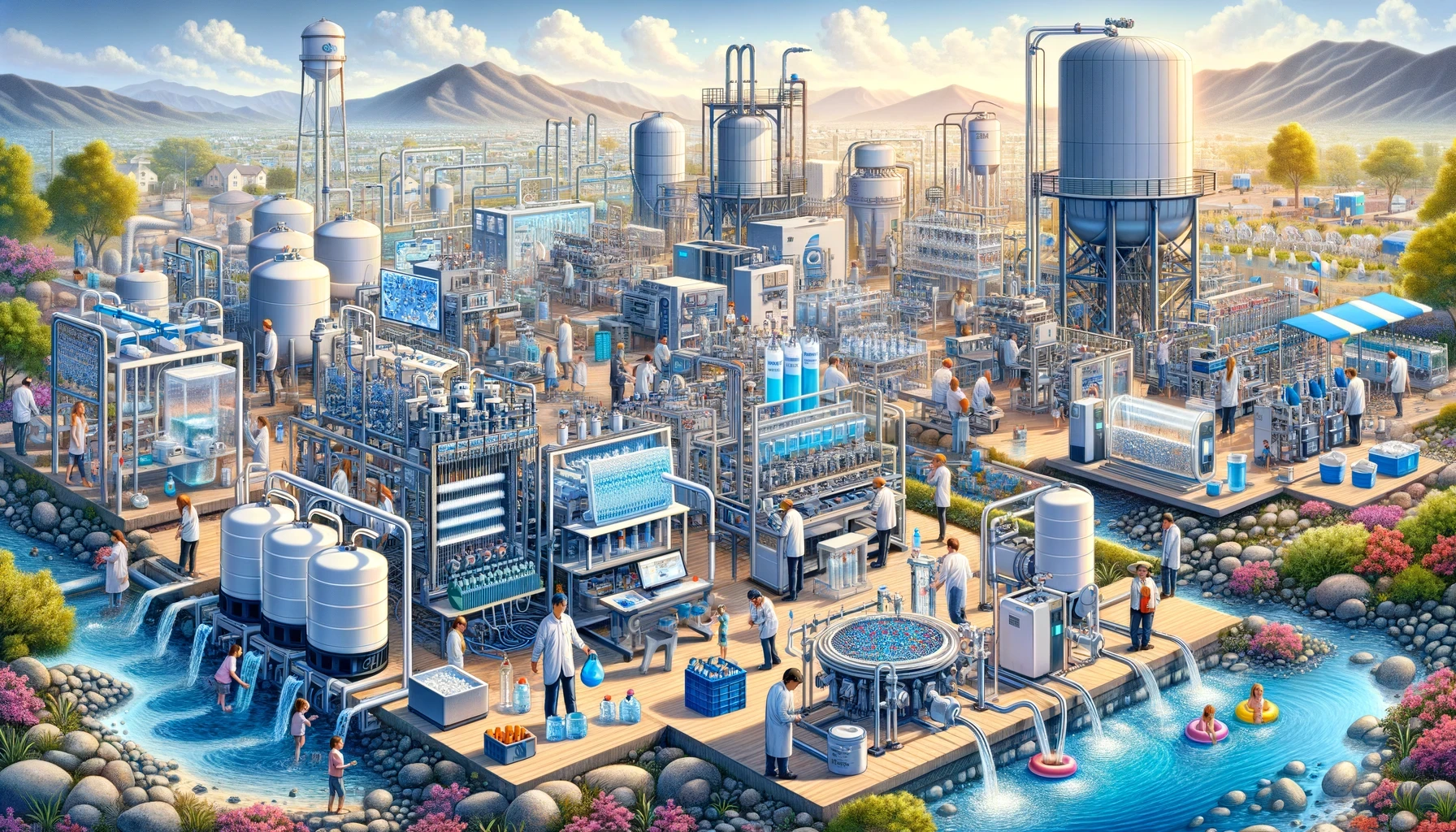 The image depicts a highly detailed and bustling water treatment and research facility, integrated with a natural environment and various technological advancements. Key elements of the image include:  Water Treatment Infrastructure:  Tanks and Reservoirs: Large water tanks and reservoirs dominate the scene, indicating extensive water storage and treatment capacity. Pipes and Filtration Systems: A complex network of pipes and filtration systems runs throughout the facility, showcasing advanced water purification and management processes. Water Outflows: Clean water flows out of the facility into natural waterways, symbolizing the end product of the treatment process. Research and Laboratory Areas:  Scientists and Technicians: Numerous scientists and technicians are working throughout the facility, conducting experiments, monitoring systems, and analyzing data. Laboratory Equipment: High-tech laboratory equipment and instruments are in use, emphasizing ongoing research and innovation in water treatment technologies. Integrated Natural Environment:  Streams and Water Features: Natural streams and water features are integrated into the facility, with clean water flowing through landscaped areas filled with rocks and vegetation. Recreational Areas: In the foreground, children are playing in the clean water, suggesting the water is safe for recreational use and highlighting the facility's impact on the community. Sustainable and Efficient Design:  Solar Panels: Solar panels are visible on some structures, indicating the use of renewable energy sources to power the facility. Green Spaces: Lush green spaces and colorful gardens surround the facility, promoting biodiversity and environmental sustainability. Data and Monitoring:  Digital Screens and Displays: Large digital screens and monitoring stations are present, providing real-time data and analytics about the water treatment processes. Automation and Control Systems: The presence of automated control systems suggests that much of the facility's operations are managed through advanced technology. Community and Living Spaces:  Residential Areas: Houses and small buildings are situated near the facility, indicating that people live and work in close proximity to the water treatment plant. Interaction with Nature: The integration of natural elements and human activities highlights a harmonious balance between industrial processes and the surrounding environment. Mountains and Landscape:  Scenic Background: The facility is set against a backdrop of mountains and rolling hills, adding to the scenic and tranquil atmosphere of the area. Overall, the image portrays a vision of a modern, efficient, and environmentally friendly water treatment and research facility that not only provides clean water but also supports community well-being and environmental sustainability through the integration of advanced technology and natural elements.