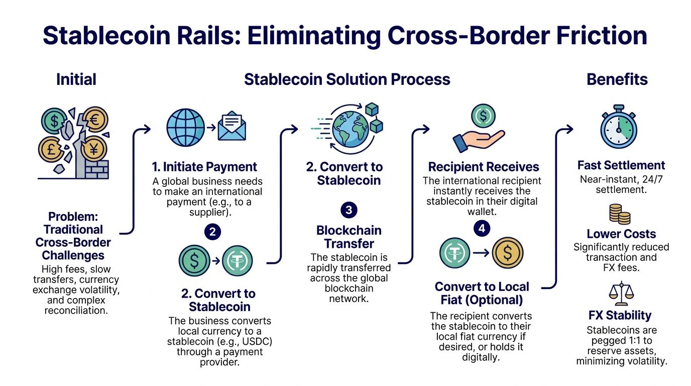 A diagram illustrating how stablecoins simplify international business payments by reducing costs, settlement time, and currency volatility.