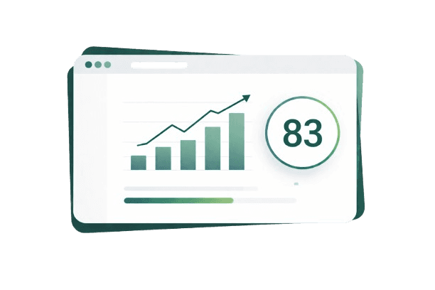 Illustration of Ahrefs Domain Rating showing a website dashboard with a DR score, growth chart, backlinks icon, and performance indicators inside a floating card.