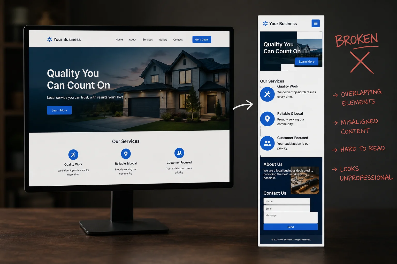 A business website shown polished on a desktop monitor but broken on the mobile view beside it, with overlapping, misaligned elements labeled broken, hard to read, and unprofessional.