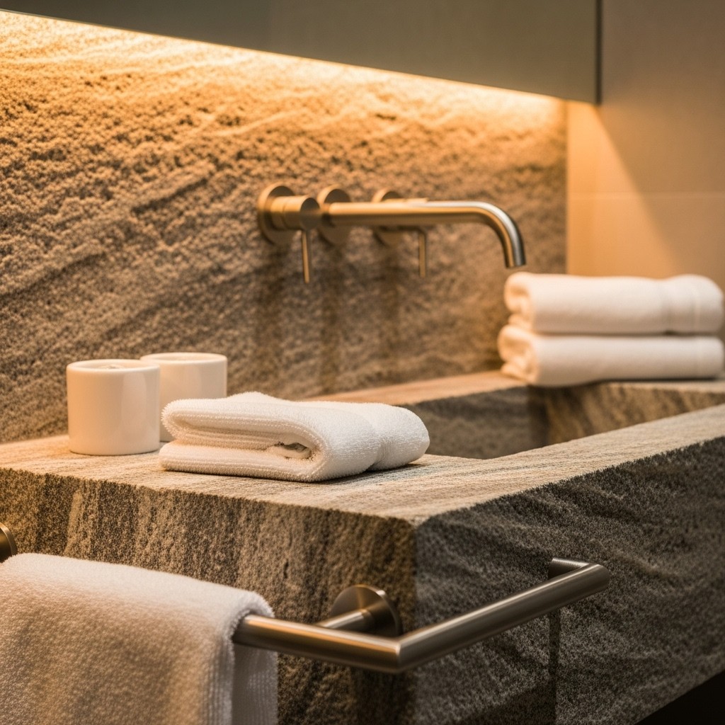 Spa-like bathroom detail with stone textures, warm metal accents, and soft lighting.