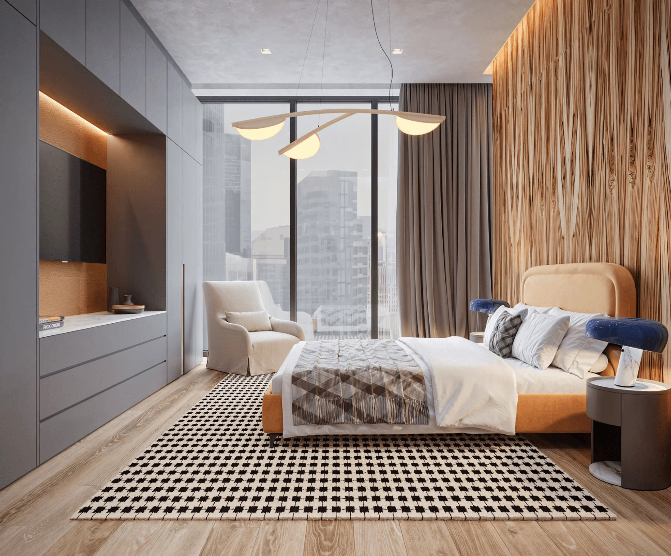 A guest bedroom with a wood slat accent wall, a live-edge pendant light, and a black-and-white checked rug