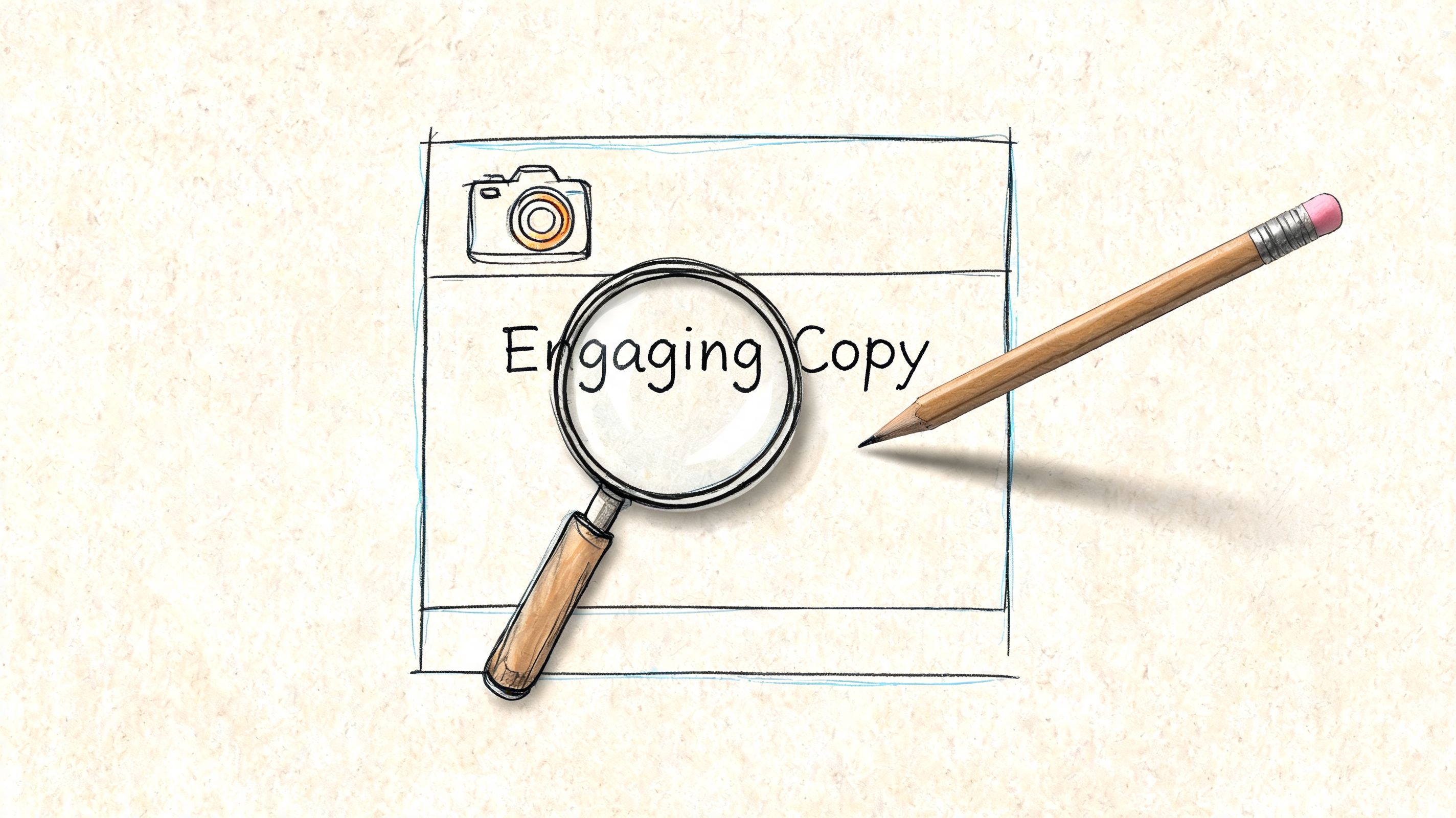 A conceptual sketch featuring a magnifying glass focusing on the text Engaging Copy with a pencil nearby.