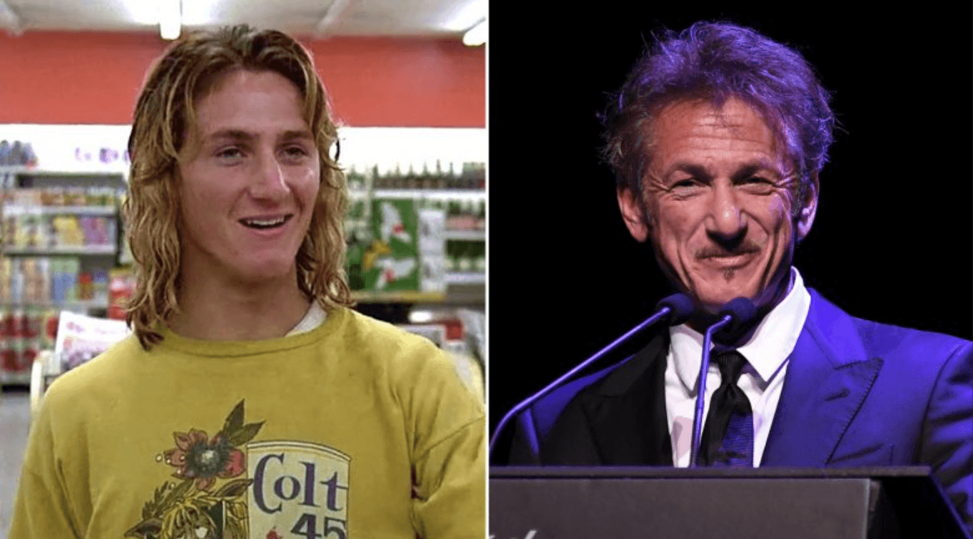 Side-by-side comparison: Jeff Spicoli character on the left in classic surfer attire, and actor Sean Penn on the right smiling in a modern portrait — showcasing the evolution from iconic 1982 role to present-day