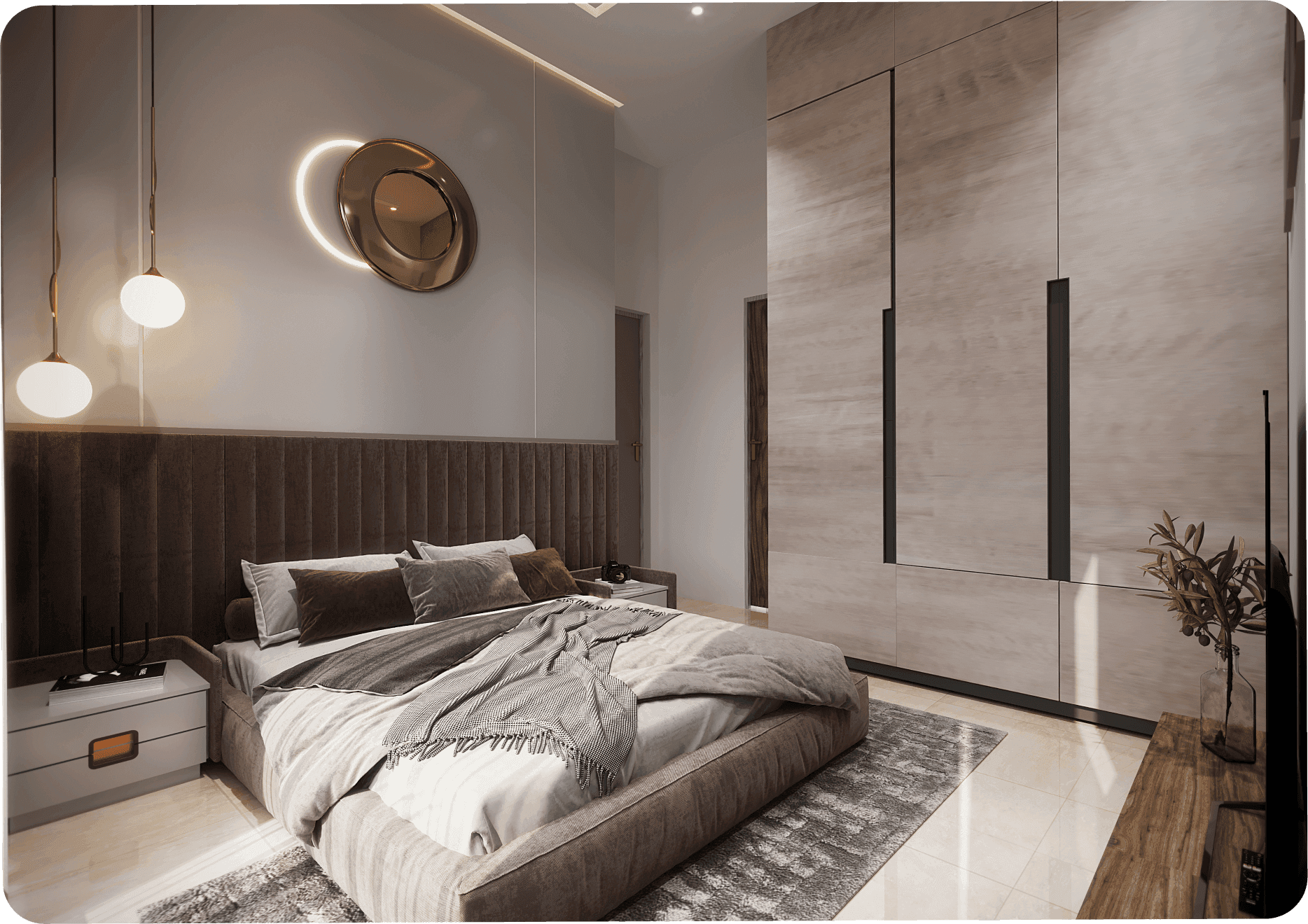 Wooden bench in sunlight with geometric shadows on floor.