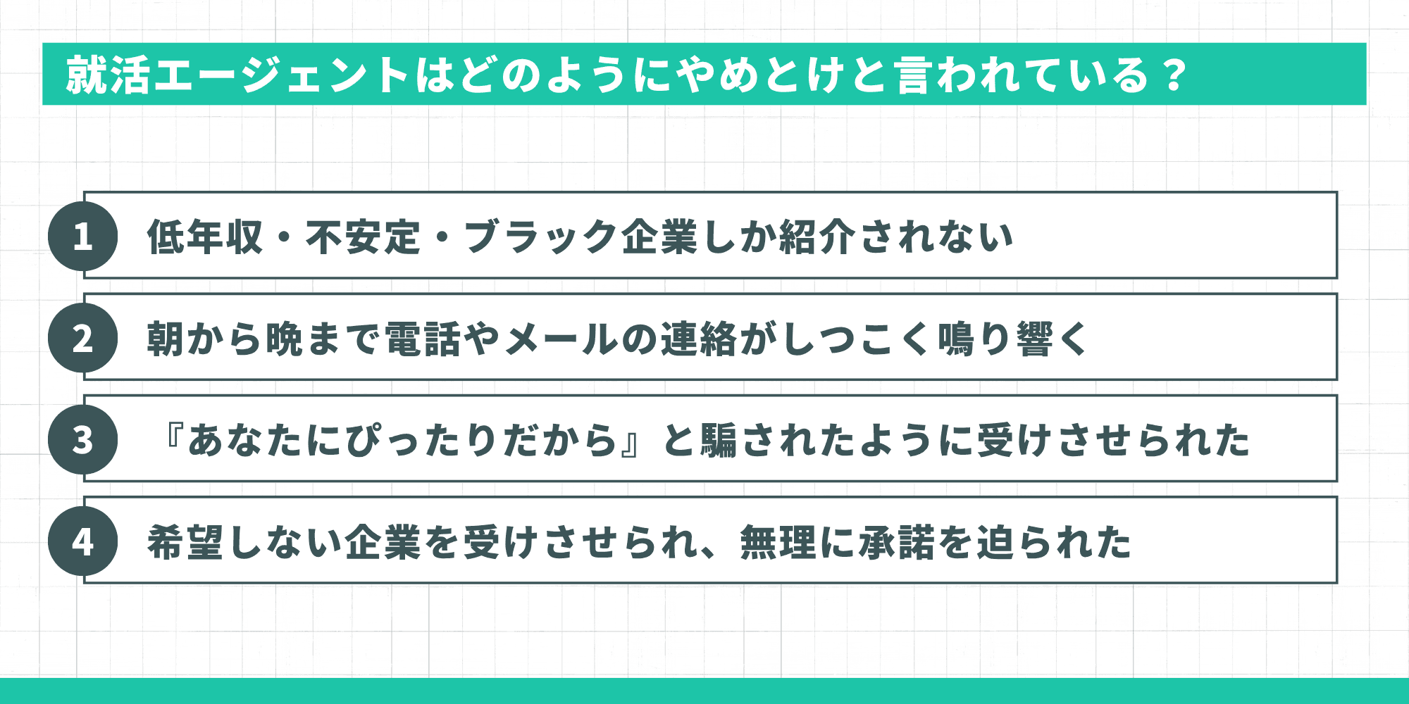 就活エージェントはどのようにやめとけと言われている？低年収・ブラック企業しか紹介されない、連絡がしつこい、希望しない企業を受けさせられたなど4つの悪評まとめ