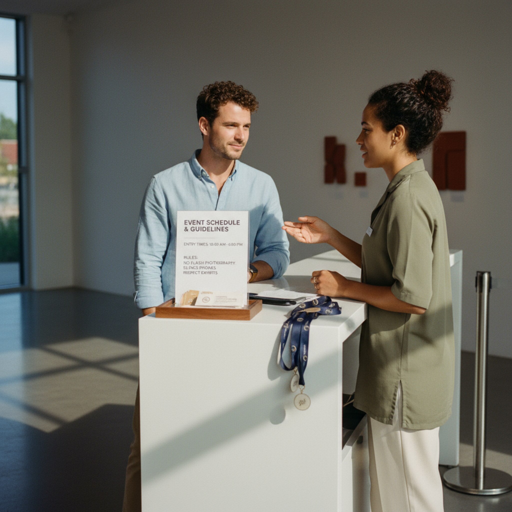 Ein ruhiger Infopoint mit klar formulierten Hinweisen zu Einlasszeiten und Regeln auf einem Aufsteller. Eine Mitarbeiterin erklärt gelassen Optionen, während ein Gast sein Armband zeigt. Weiches Licht, aufgeräumte Umgebung. Die Szene vermittelt Verlässlichkeit und reibungslose Abläufe.