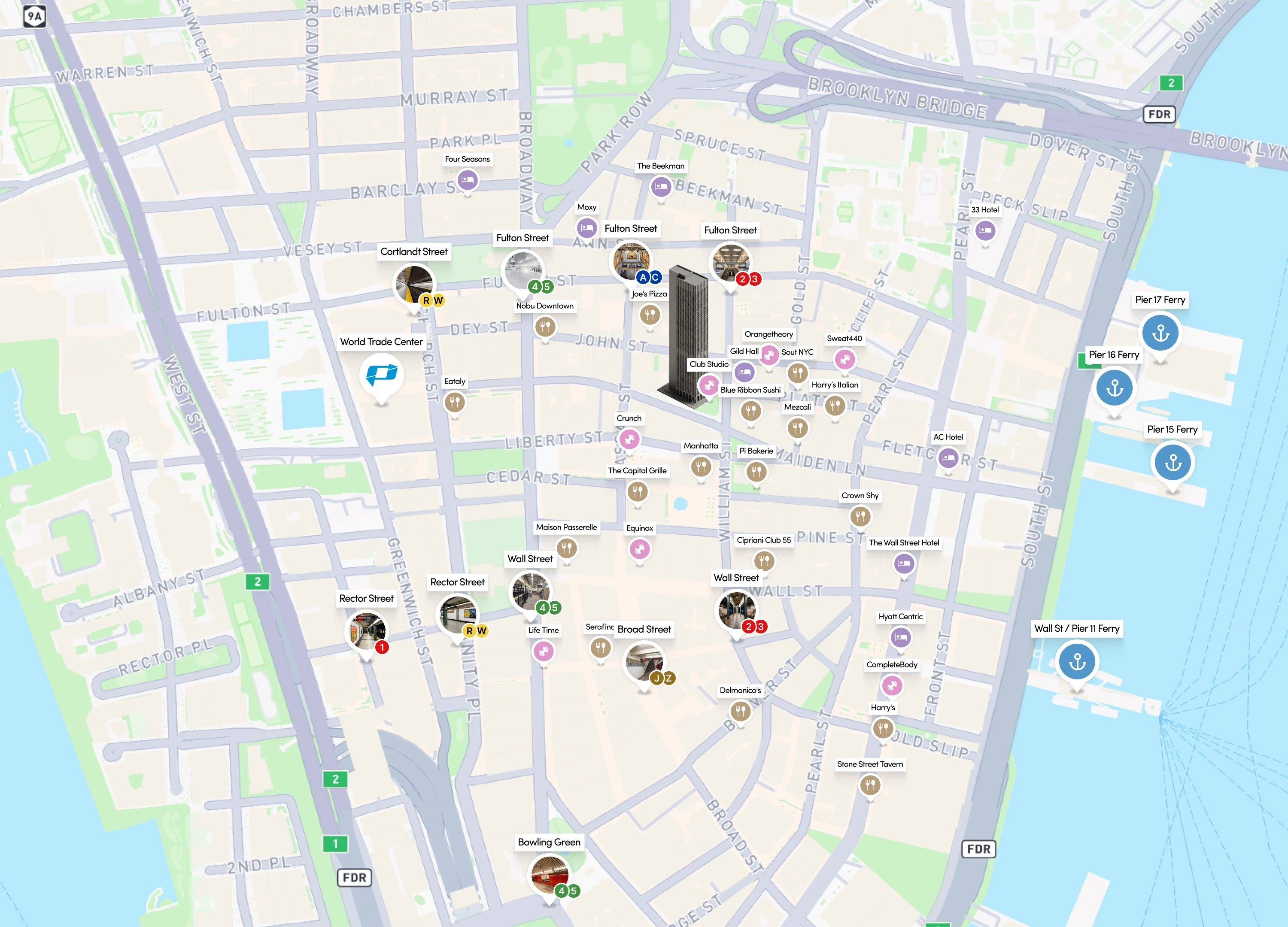 Neighborhood map of 59 Maiden Lane in the Financial District, highlighting immediate access to the 2, 3, 4, 5, A, C, R, and W subway lines, World Trade Center transit, and premier nearby dining, fitness, and hotel amenities.