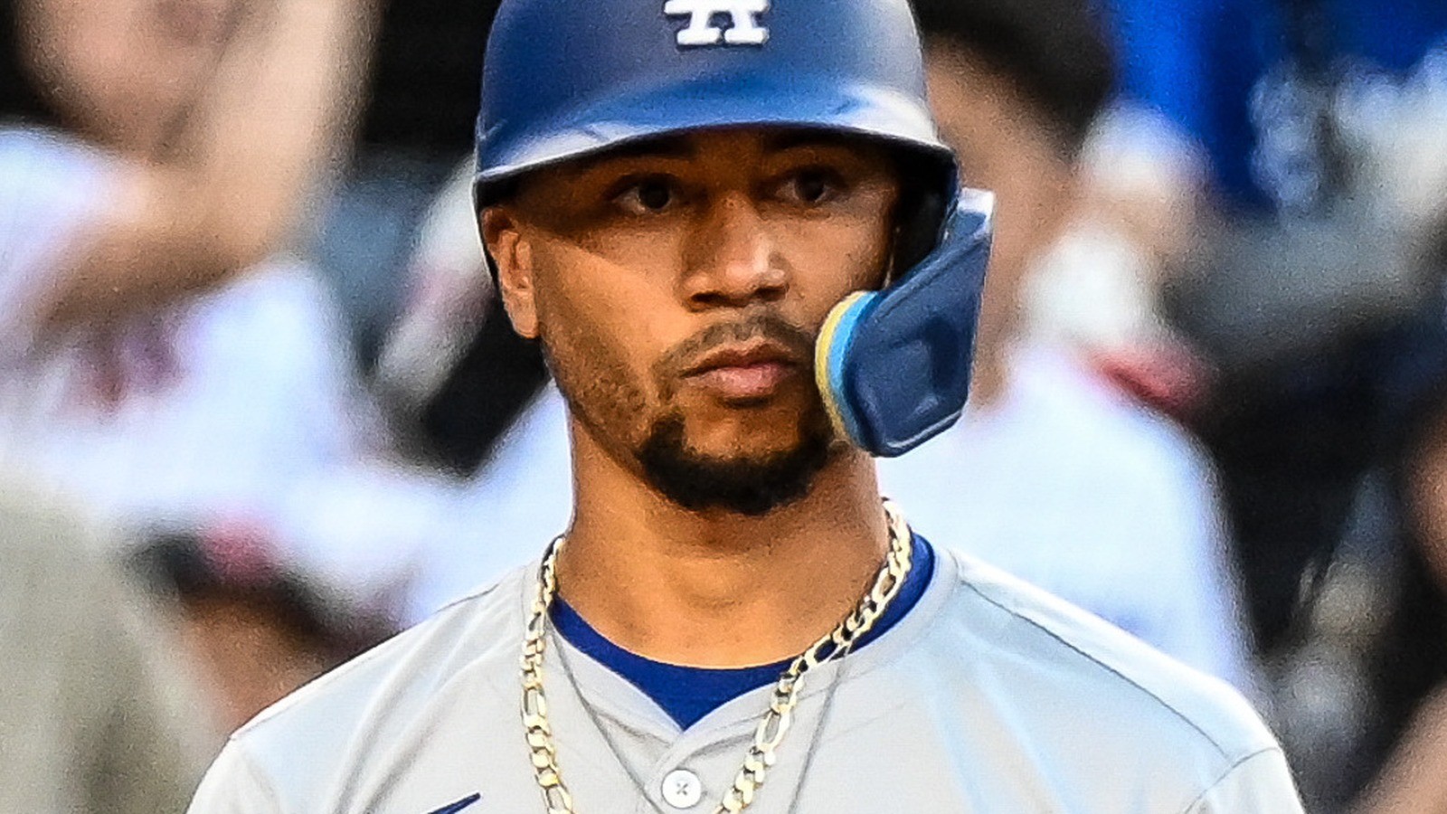 Close-up of Mookie Betts in Dodgers helmet, face centered