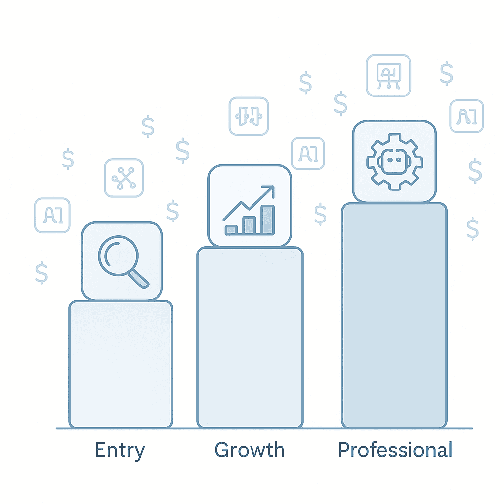 Abstract three-tier diagram showing rising capabilities of entry, growth, and professional AEO tools