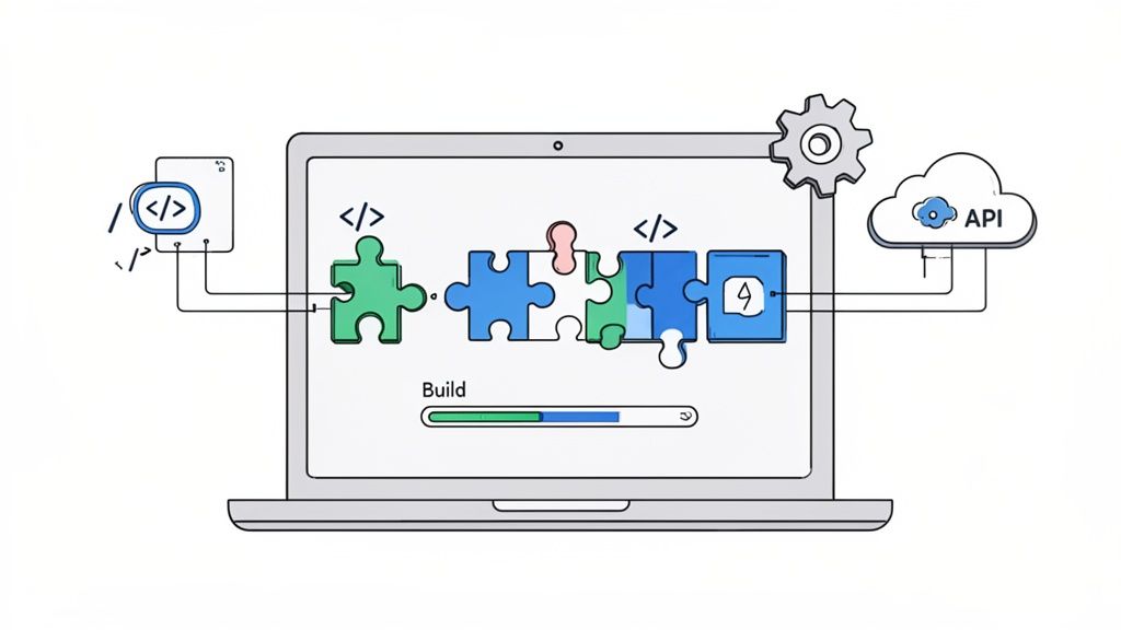 Illustration of a laptop building software with puzzle piece code modules and API integration.