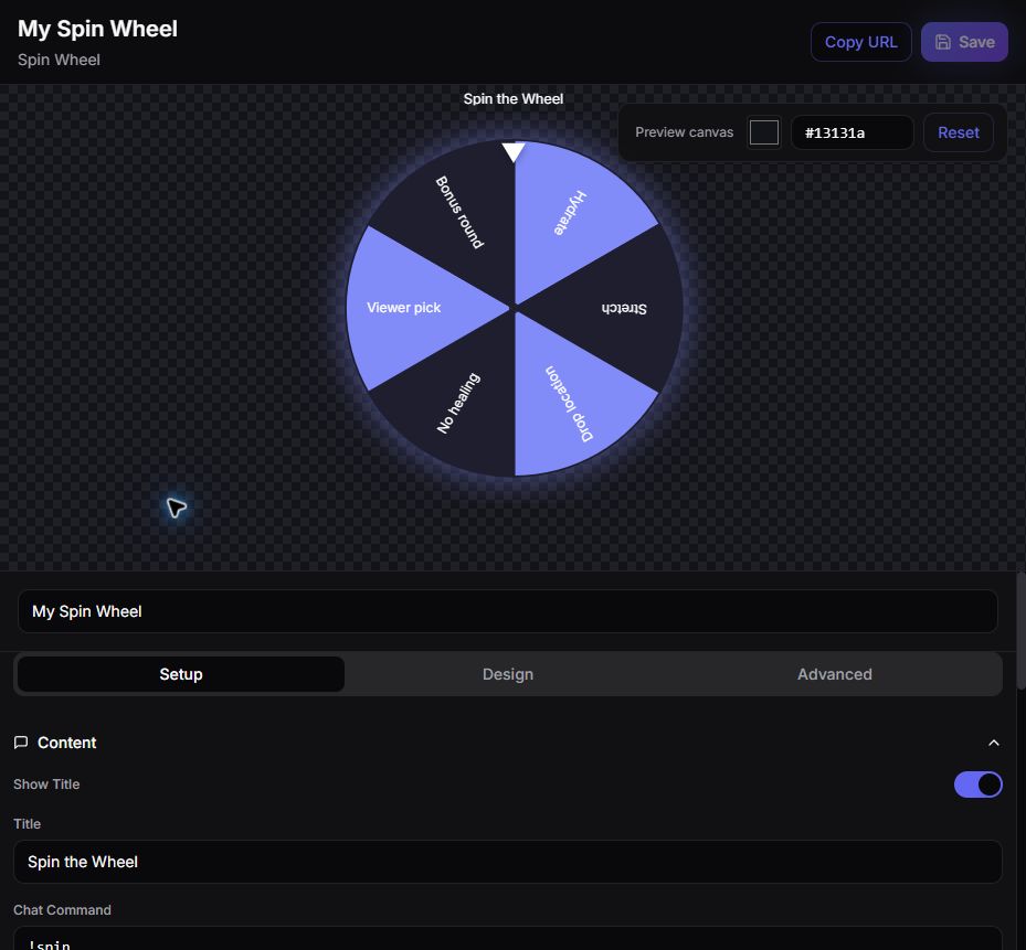 StreamSpell Spin Wheel Widget editor showing a six-segment wheel, title, chat command, and customization settings