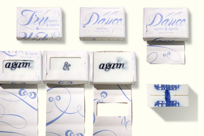 The image shows six white boxes with blue cursive text and decorative swirls. Two of the boxes are open, revealing the text "again & again" printed inside. One box is closed and labeled "Dance," while another is closed and labeled "Wish." A third box is open, showing the word "and," and another is open and labeled "Poëtio." A fourth box is open, displaying the word "and," and a fifth box is open, showing the word "again." The sixth box is closed and labeled "Dance again & again." The boxes are arranged in two rows of three on a white background.