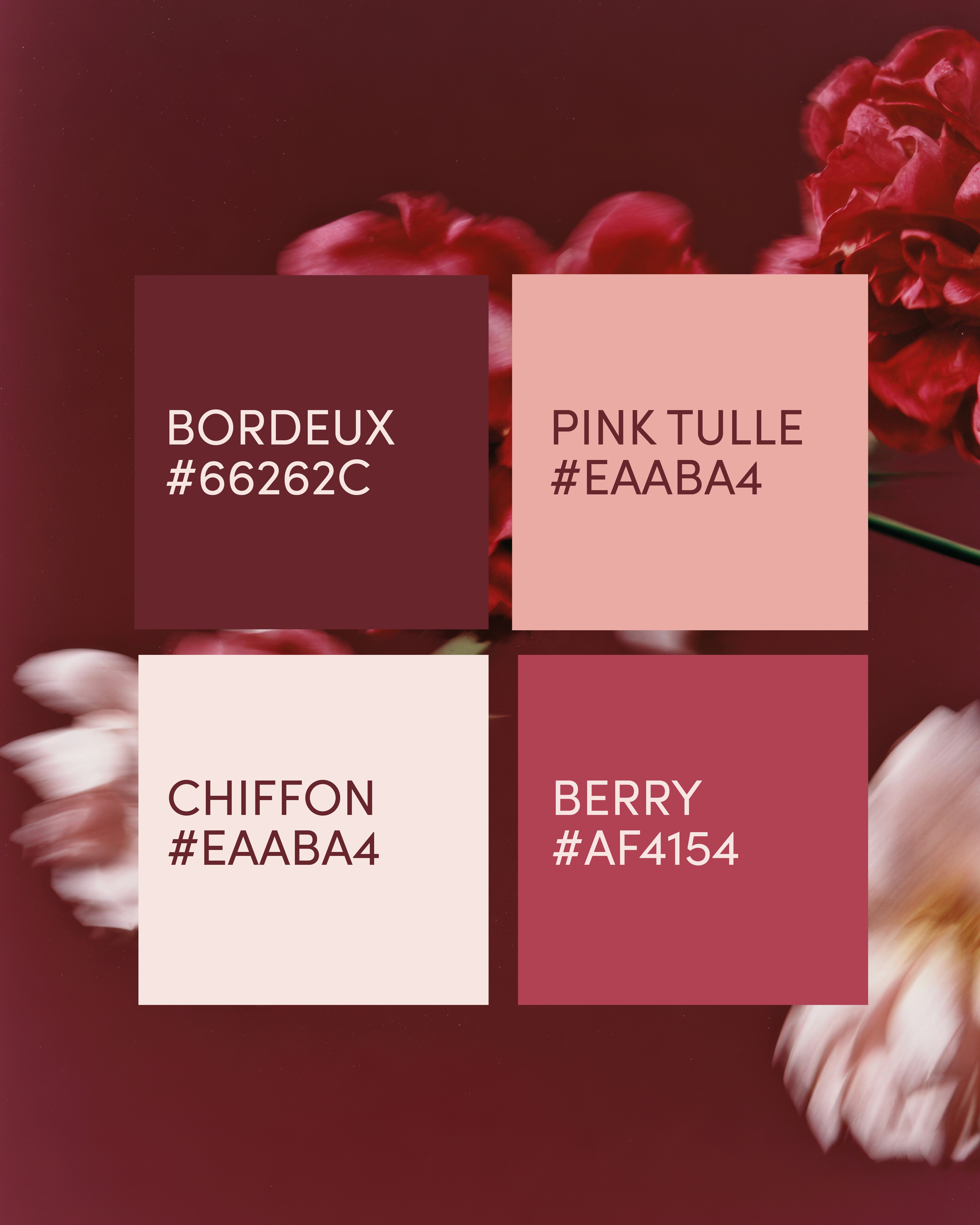 colour palette for ravine featuring deep burgundy, light pinks, and berry shades