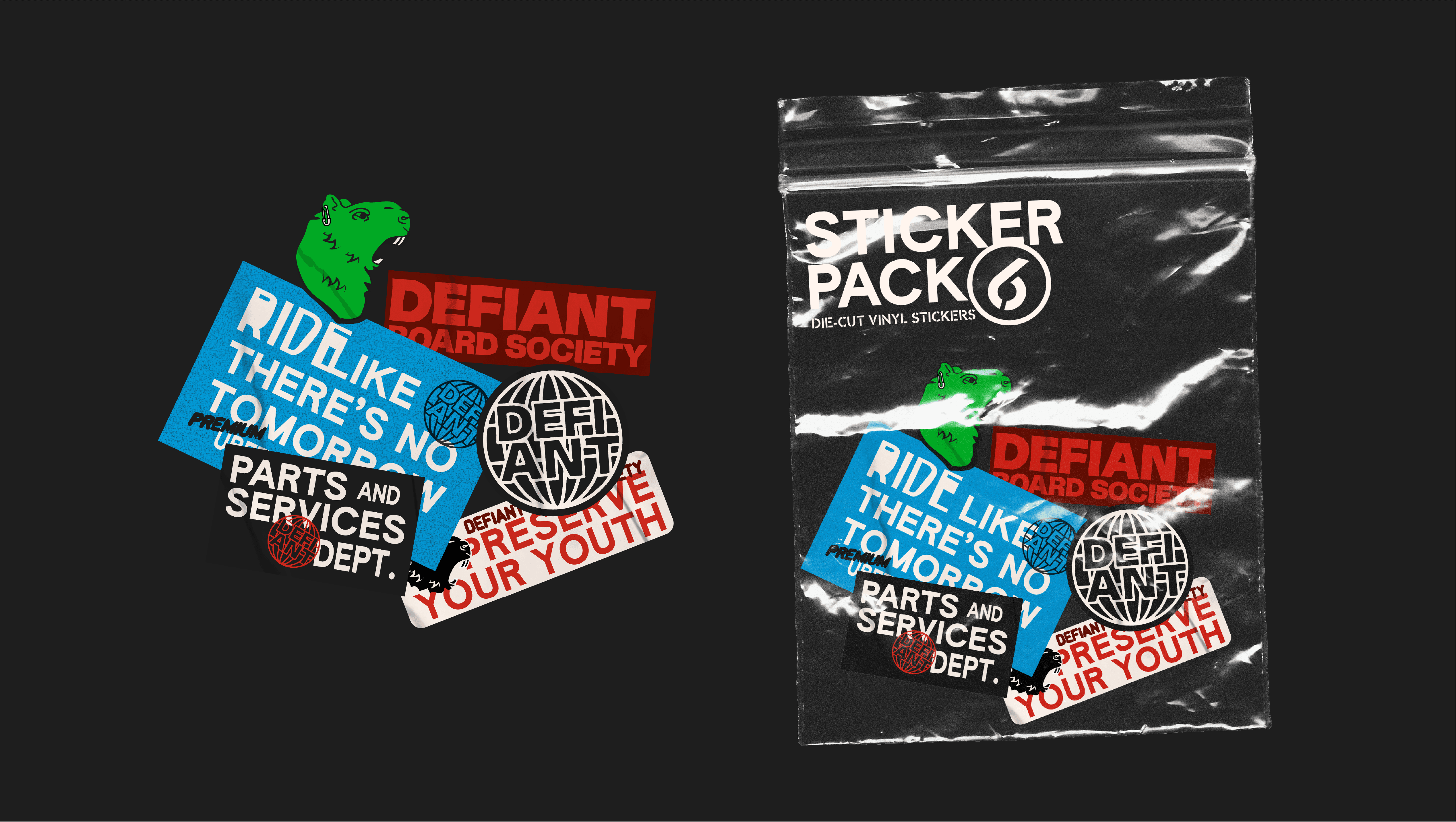 Assorted branded stickers and packaged sticker pack with Defiant Board Society graphics