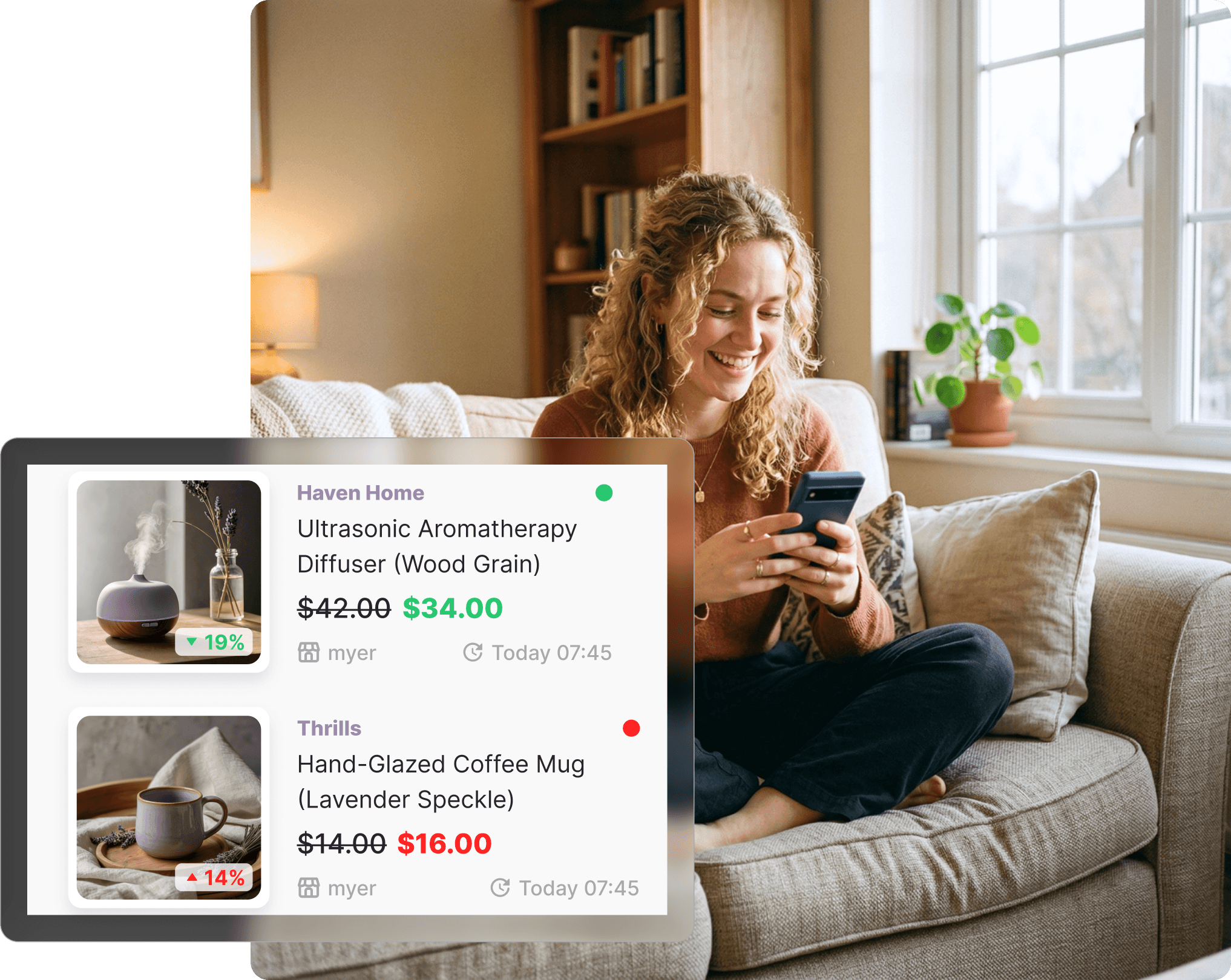 Woman sitting cross-legged on a couch smiling at her phone, viewing her Myer watchlist on Whisprice showing an aromatherapy diffuser down 19% and a coffee mug up 14%, with a bookshelf and indoor plant in the background.