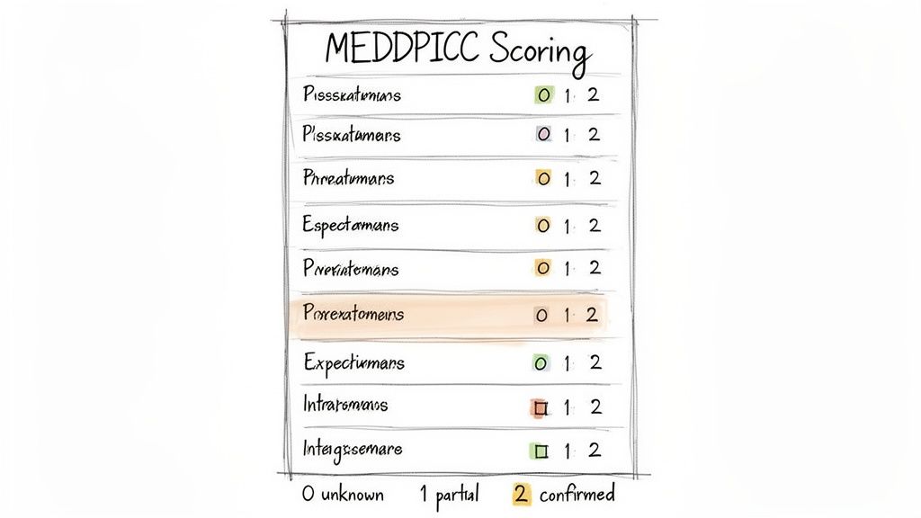 A handwritten chart titled MEDDPICC Scoring, listing criteria with scores and a legend.