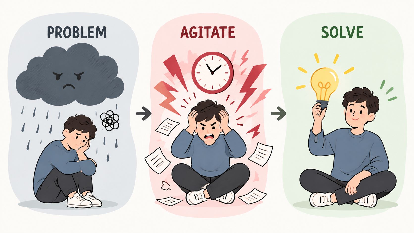 An illustration showing three steps from problem to agitation and finally solving a situation.