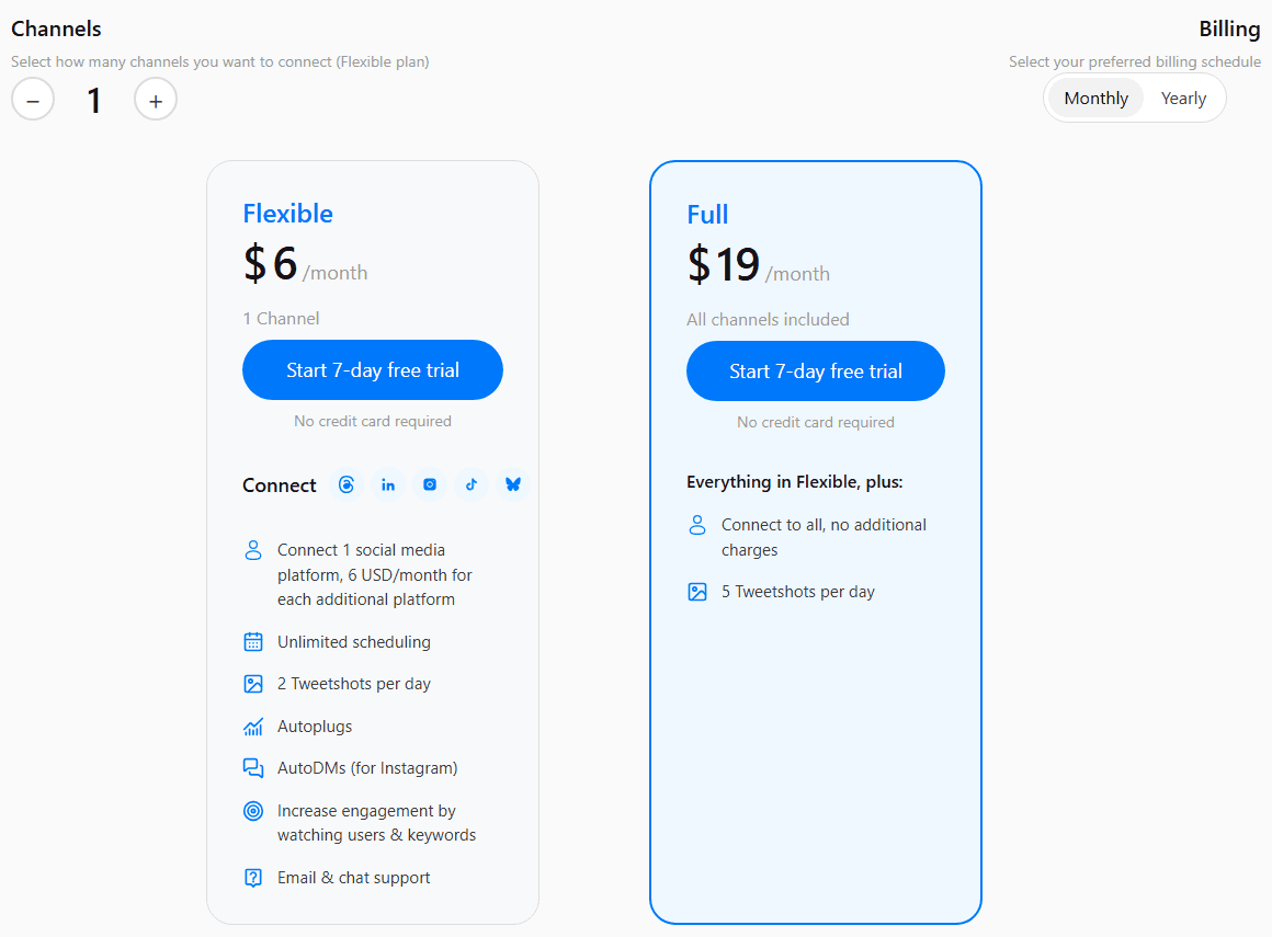 Hypefury pricing page in October 2026: the Flexible plan at $6 a month for one channel and the Full plan at $19 a month for all channels, each with a 7-day free trial