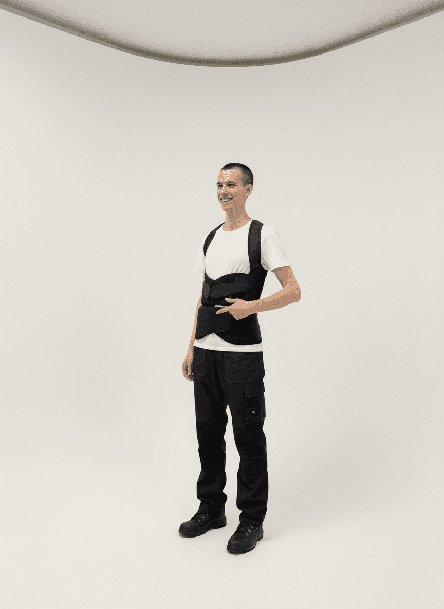 a smiling man wearing a black back brace over a white T-shirt, in work attire, against a neutral background