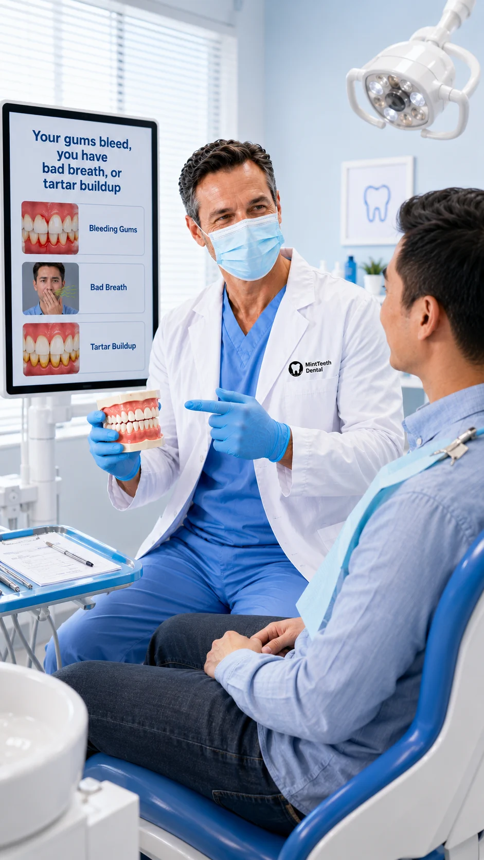 Dentist discussing gum bleeding, bad breath, and tartar buildup with a patient