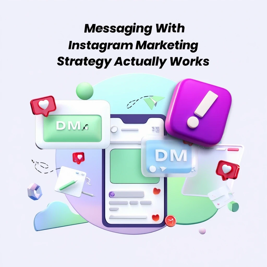 A 3D-style digital illustration titled ""Messaging With Instagram Marketing Strategy Actually Works,"" featuring a smartphone surrounded by floating DM bubbles, heart icons, and a large purple exclamation mark icon.