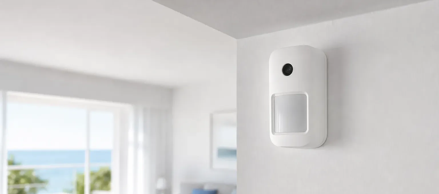 Detector de movimiento con cámara de una alarma ADT en un piso con vistas al mar en Tarragona