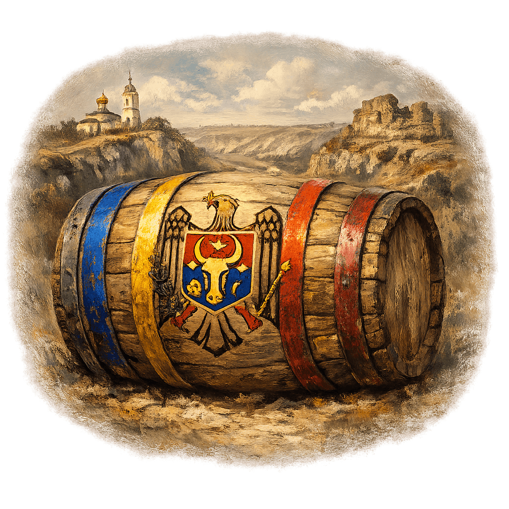 Wine barrel featuring the Moldova national emblem for regional wine education.