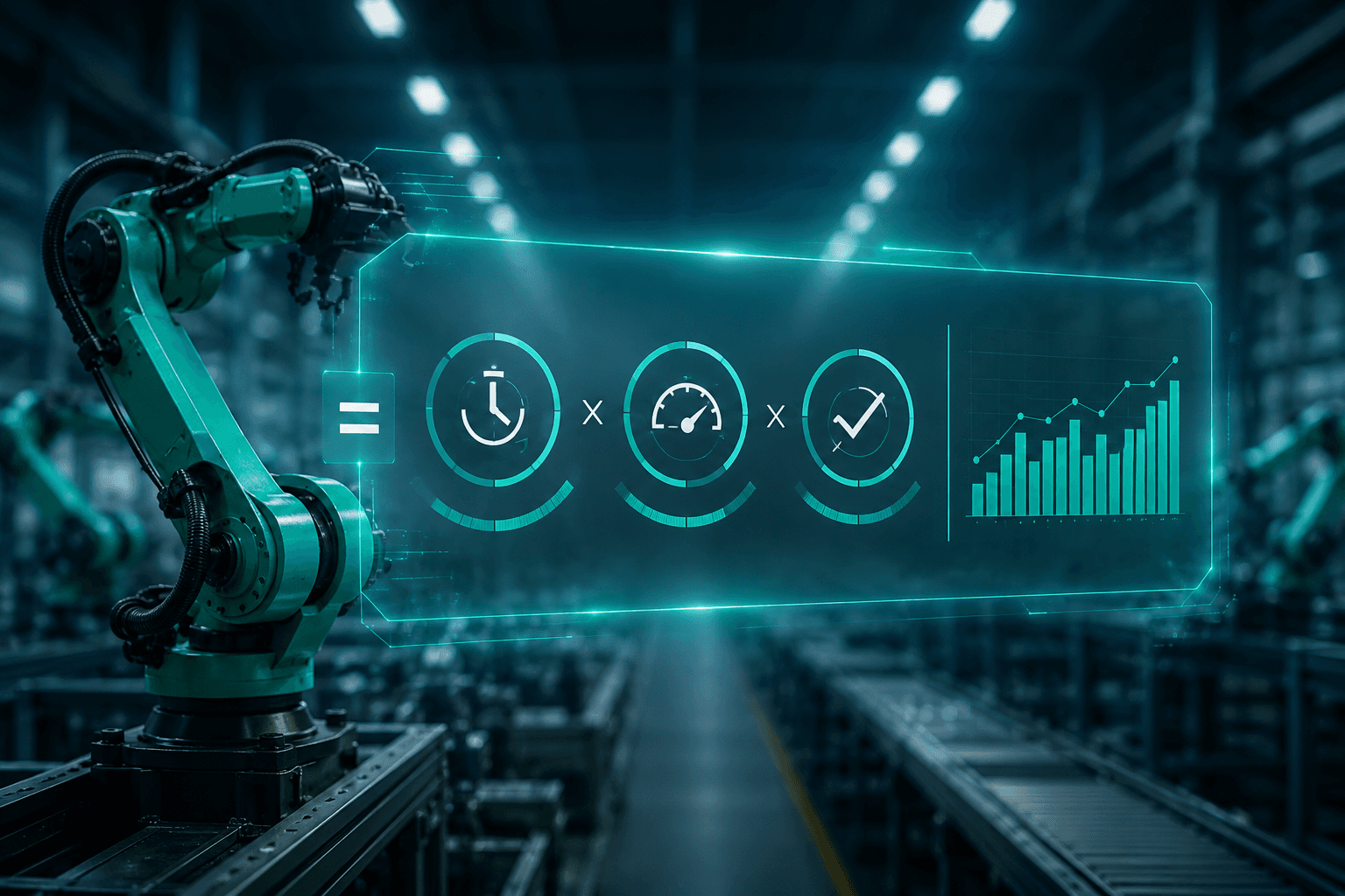 Smart factory OEE dashboard with robotic automation and real-time industrial performance analytics.