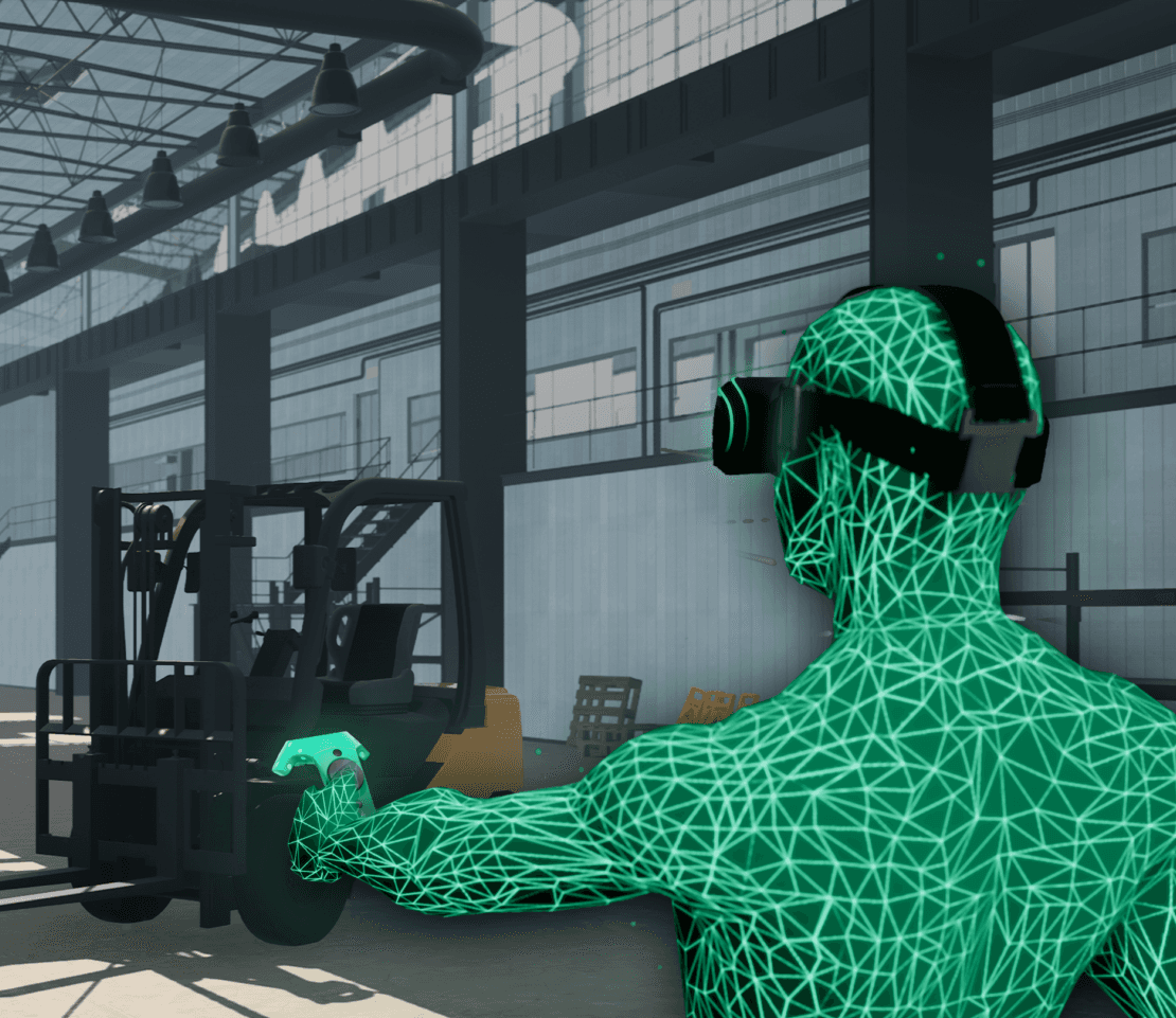 Green man in matrix style 3d warehouse for VR forklift training safety