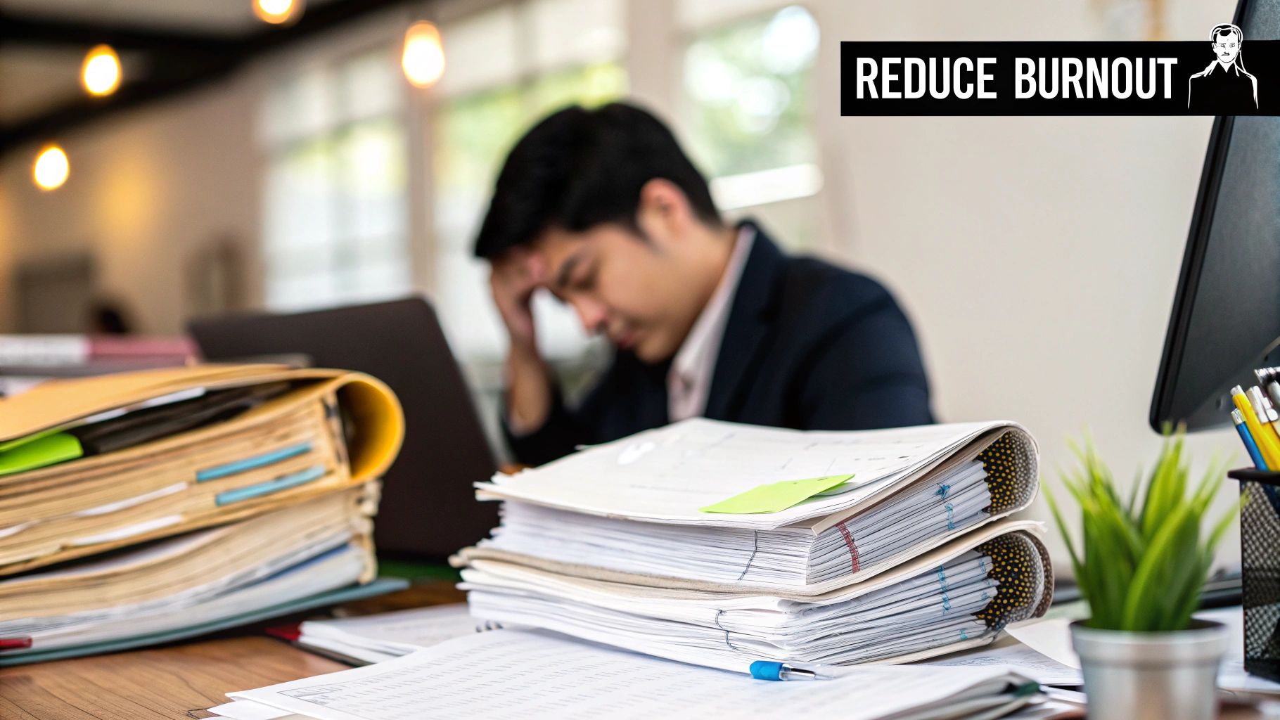 An organized desk with a computer and various productivity tools, symbolizing efficiency and automation.