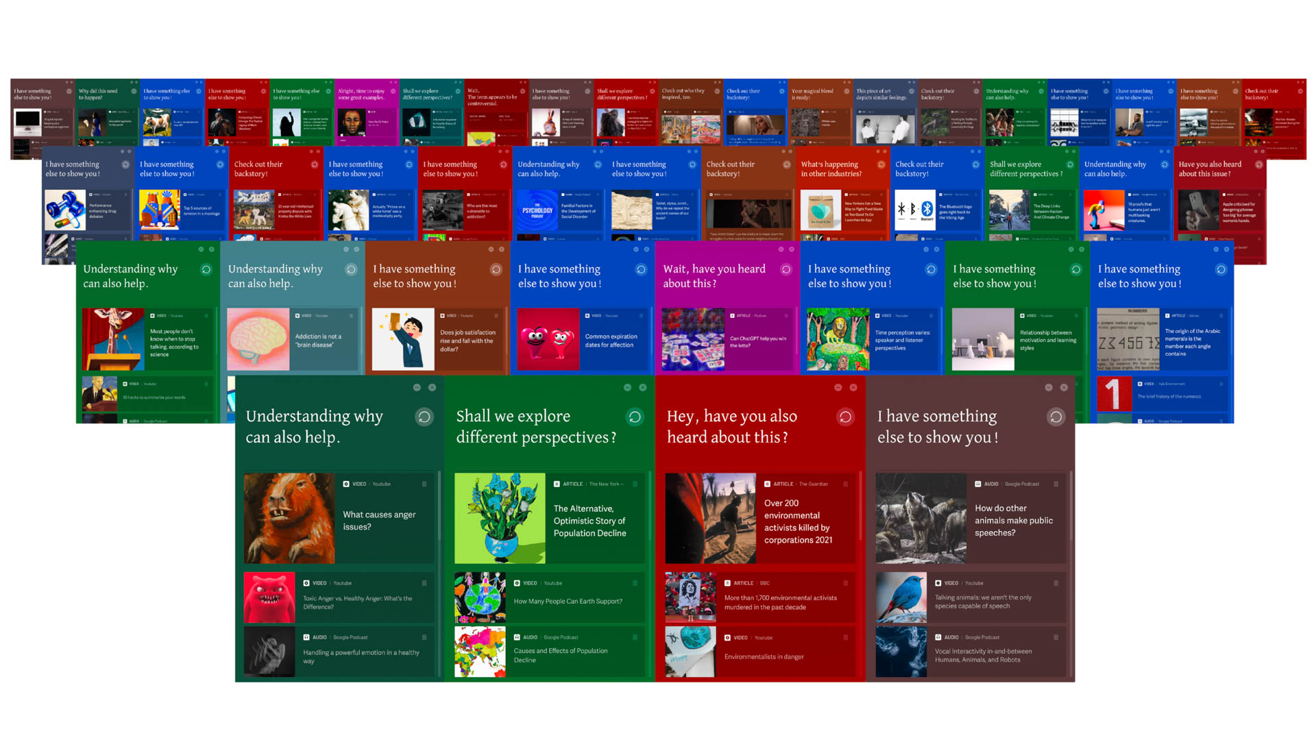 A grid of screenshots displays various social media posts. The top row features posts with titles like “Understanding why can also help,” “I have something to share with you!,” “What have you heard about this?”, and “I have something else to show you!”. The middle row includes posts with titles like “Understanding why can also help,” “Shall we explore different perspectives?”, and “I have something else to show you!”. The bottom row contains posts with titles like “Understanding why can also help,” “Shall we explore different perspectives?”, and “I have something else to show you!”. The posts feature images, text, and graphics.