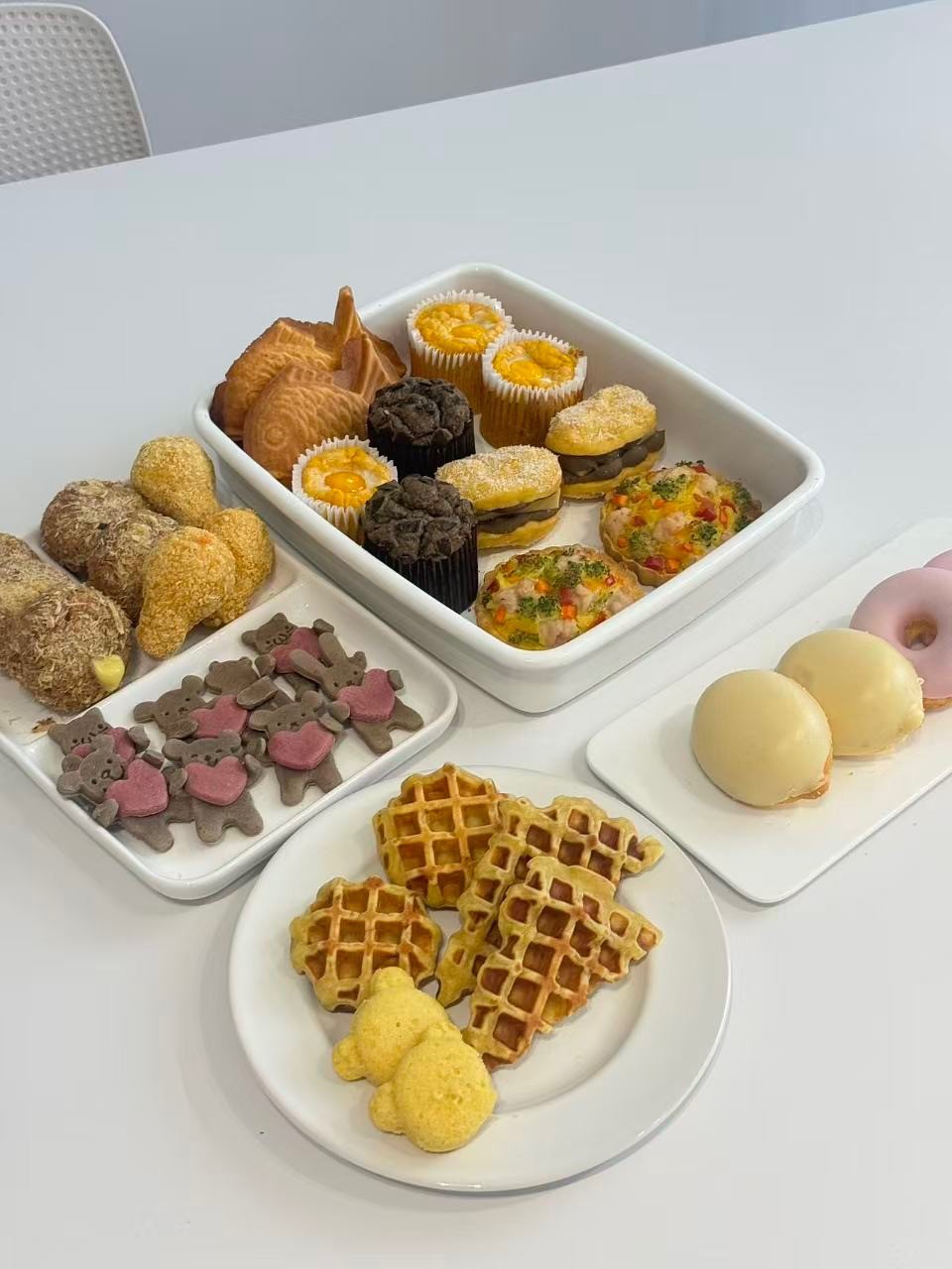 Mixed selection of pet treats including waffles, cookies, and bite sized snacks