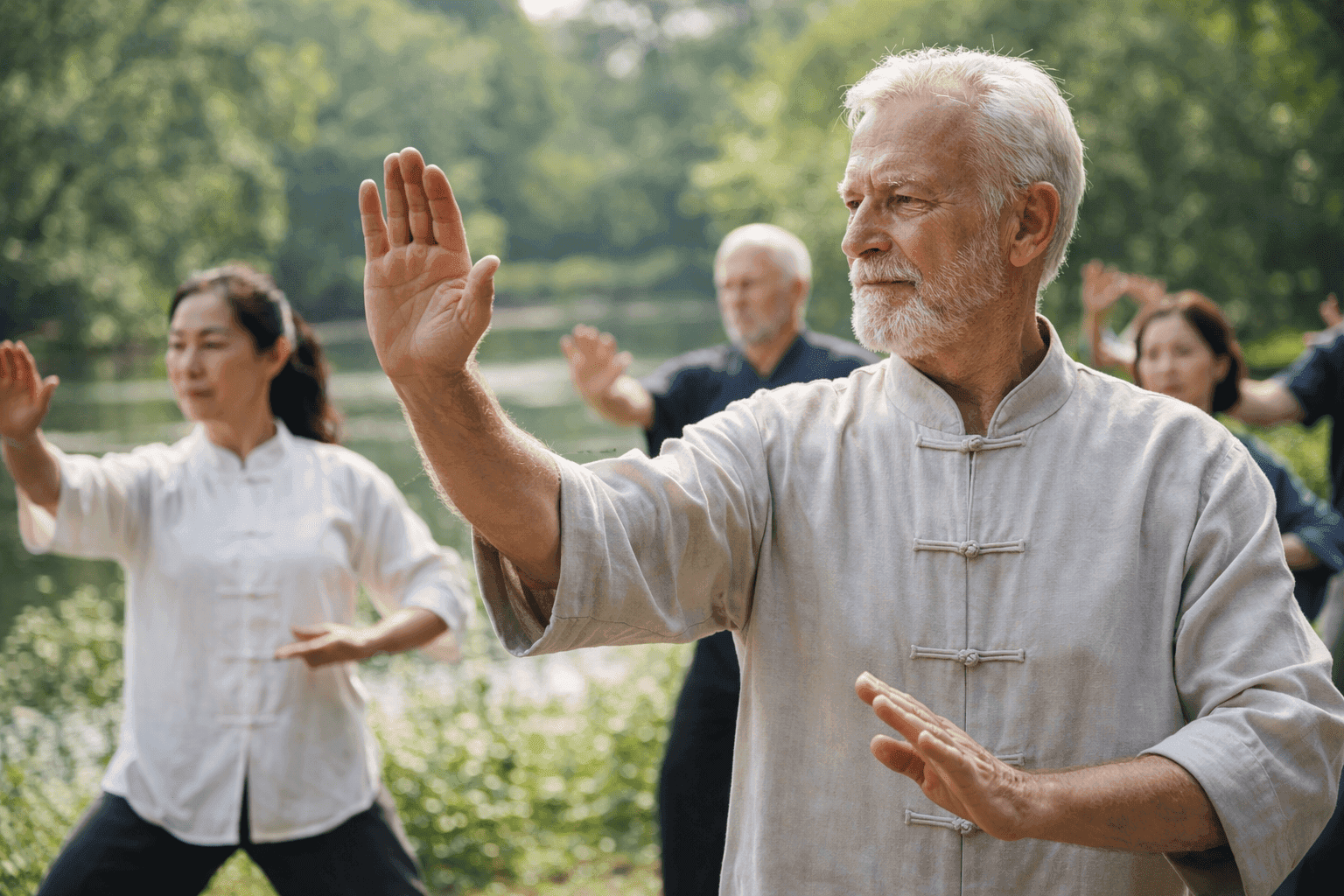 A group of people practicing Tai Chi in a serene outdoor setting, surrounded by greenery. The focus is on an older man in a grey traditional outfit performing a Tai Chi pose.