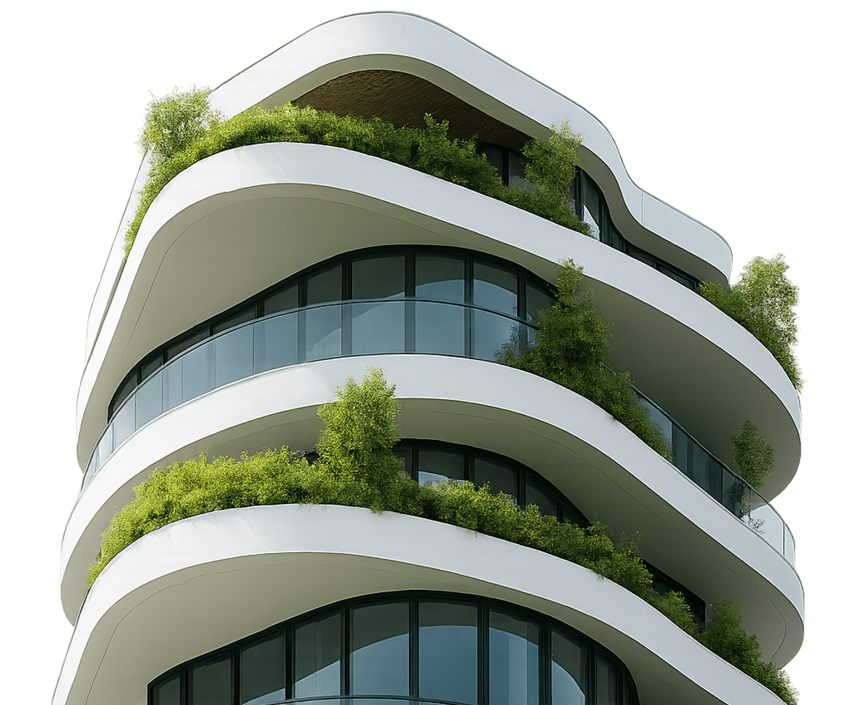 Edificio moderno con terrazas verdes que representa los proyectos financiados e inversores de Ratio.