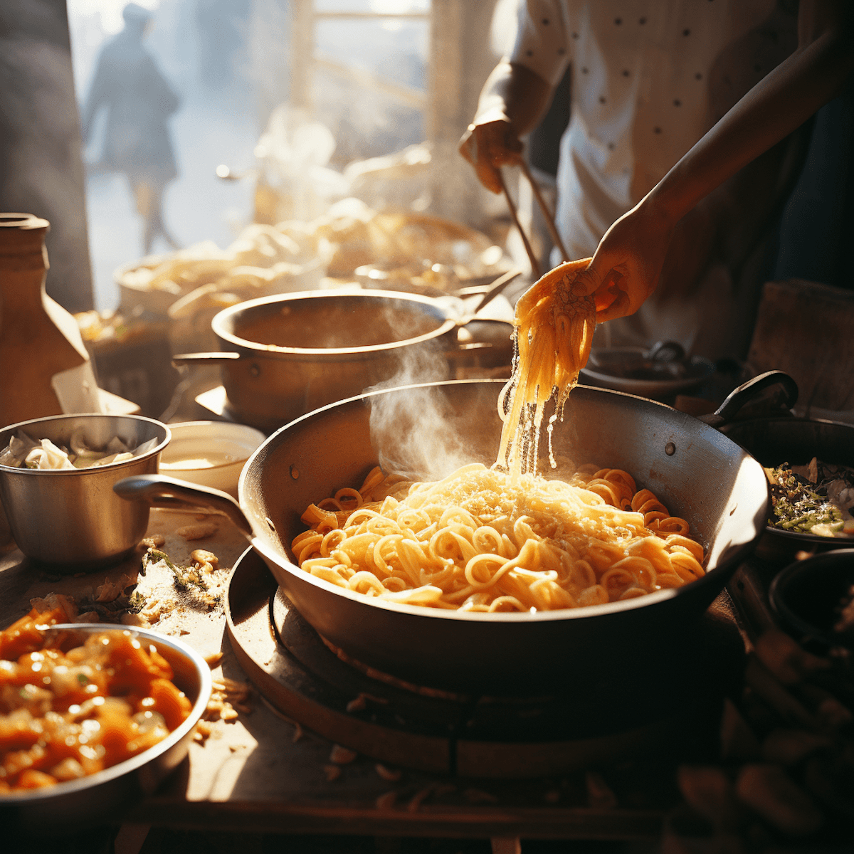 A close-up of a wok or large pan filled with golden noodles and vegetables, with a cook's hands adding more noodles, capturing steam and warm sunlight in a busy, rustic outdoor or market setting.